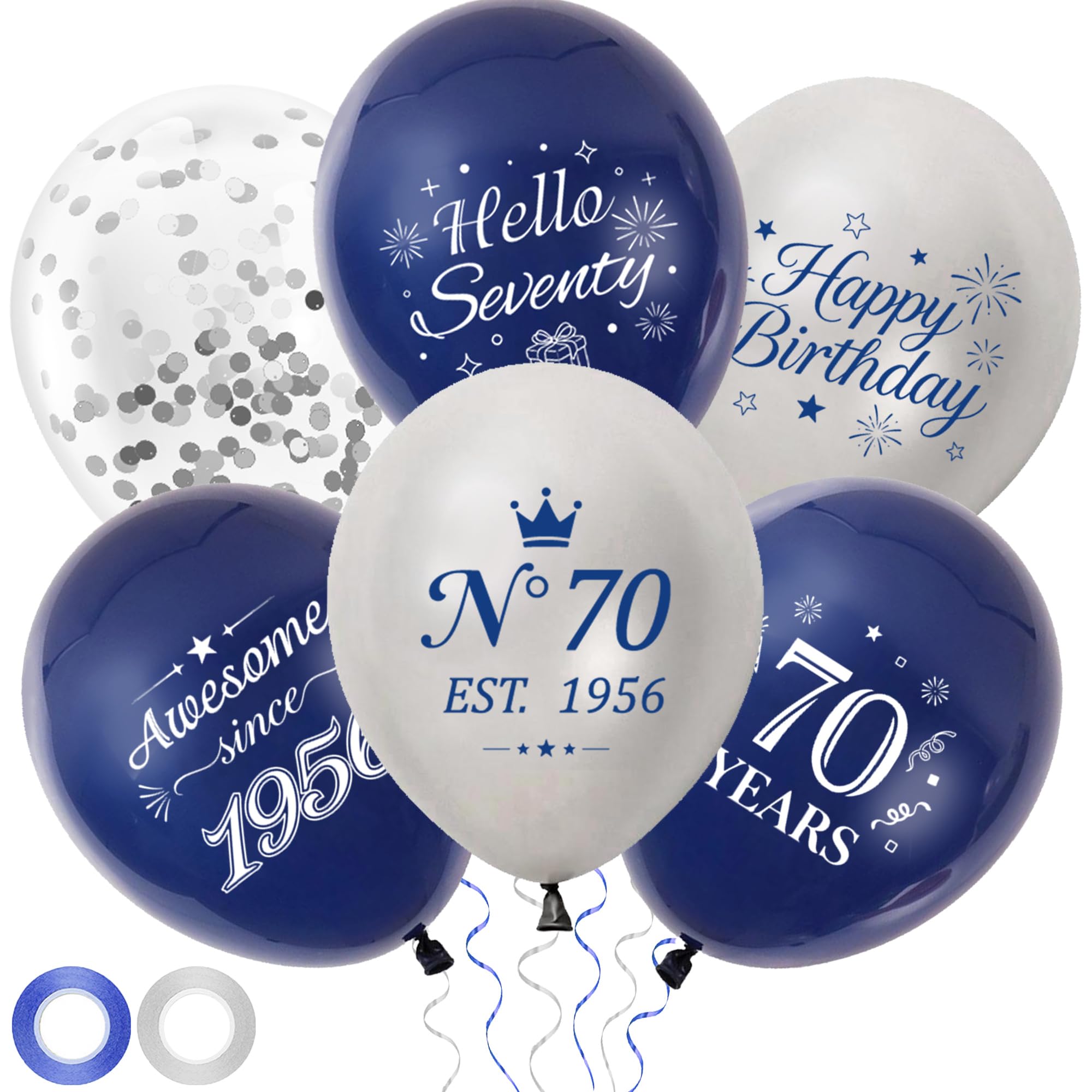 Happy 70th Birthday Balloons Decorations, 44Pcs Blue Silver Balloon Set