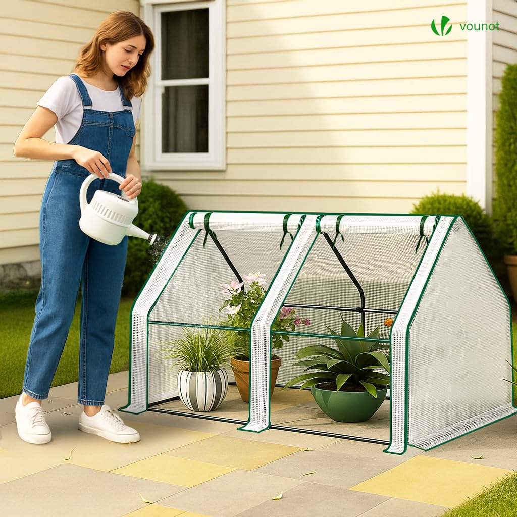 VOUNOT Gewächshaus Mini 180x90x90 cm mit 2 Rolltür, Klein Foliengewächshaus für Balkon, Garten, Tomatengewächshaus Stabil Winterfest Wetterfest, Verstärkte PE-Folie 135g/m², Weiß