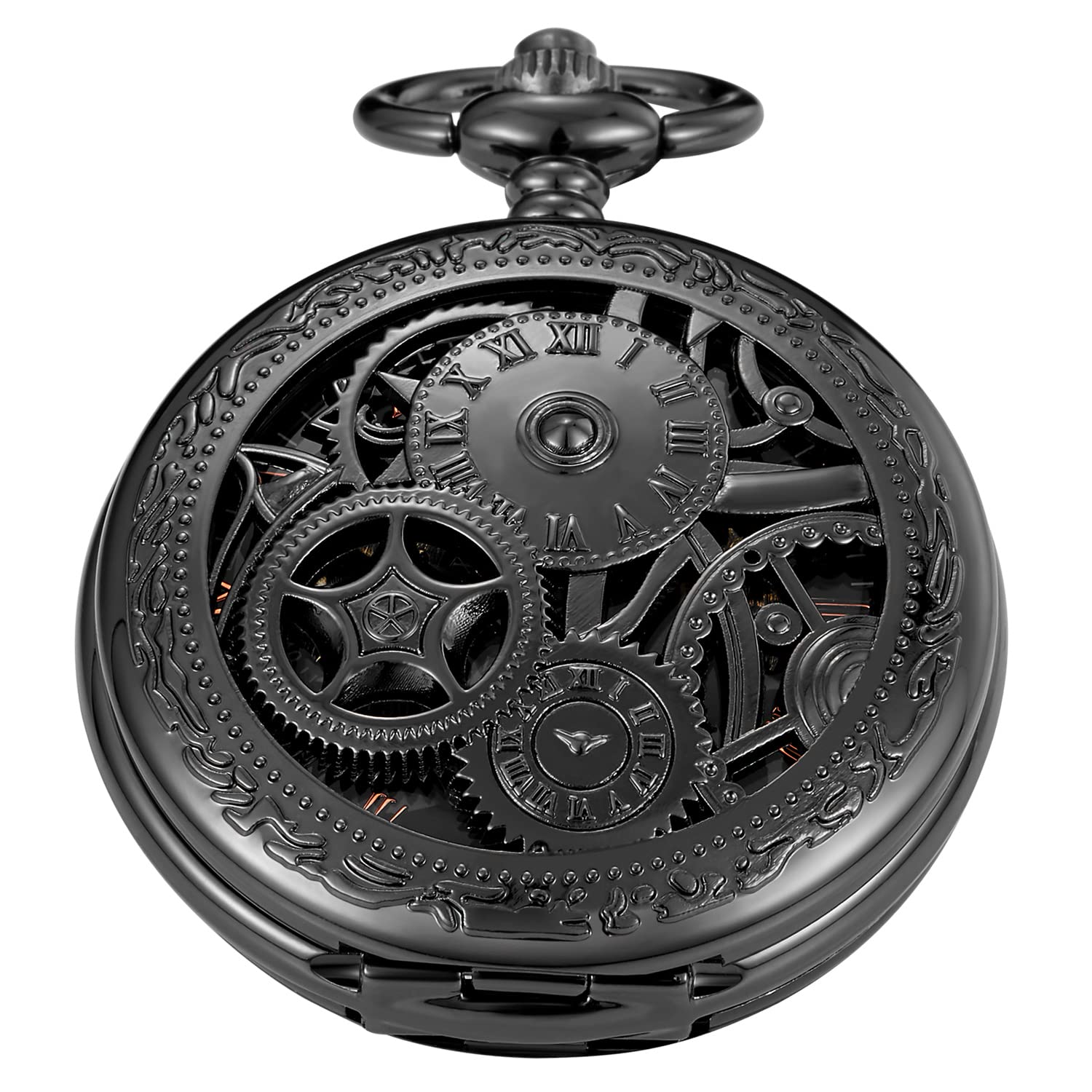 Whodoit Black Gear Double Cover Men's Mechanical Pocket Watch, Double Cover Roman Design Dial Chain Mechanical Pocket Watch