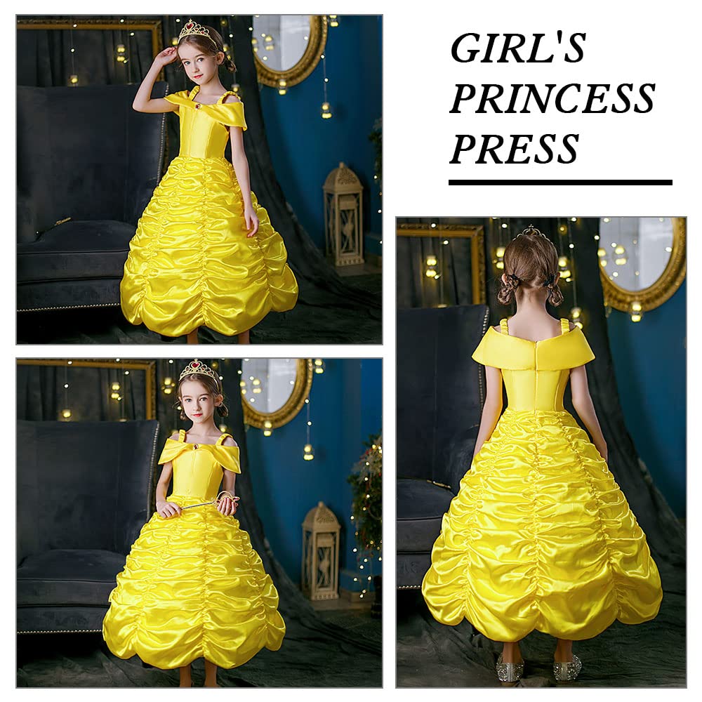 Vicloon Robe de Princesse Belle, 9PCS Princesse Belle, Deguisement Belle/Cape à Capuche Costume pour Cosplay Mariage Carnaval Fête d'anniversaire, Jaune