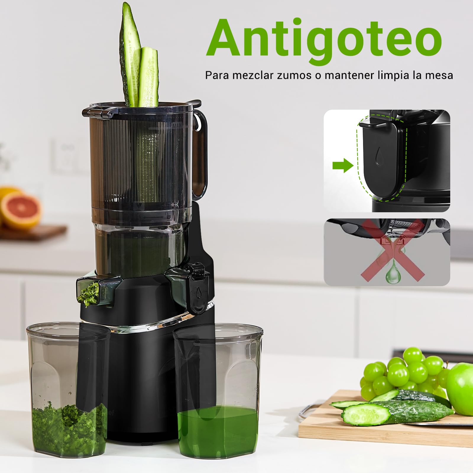 AMZCHEF Extractor de Zumos y Verduras Automático, 135MM Apertura y 1.8L Capacidad Licuadora para Verduras y Frutas Entera, 250W Licuadora Prensado en Frio Lento con Triple Filtro - Negro