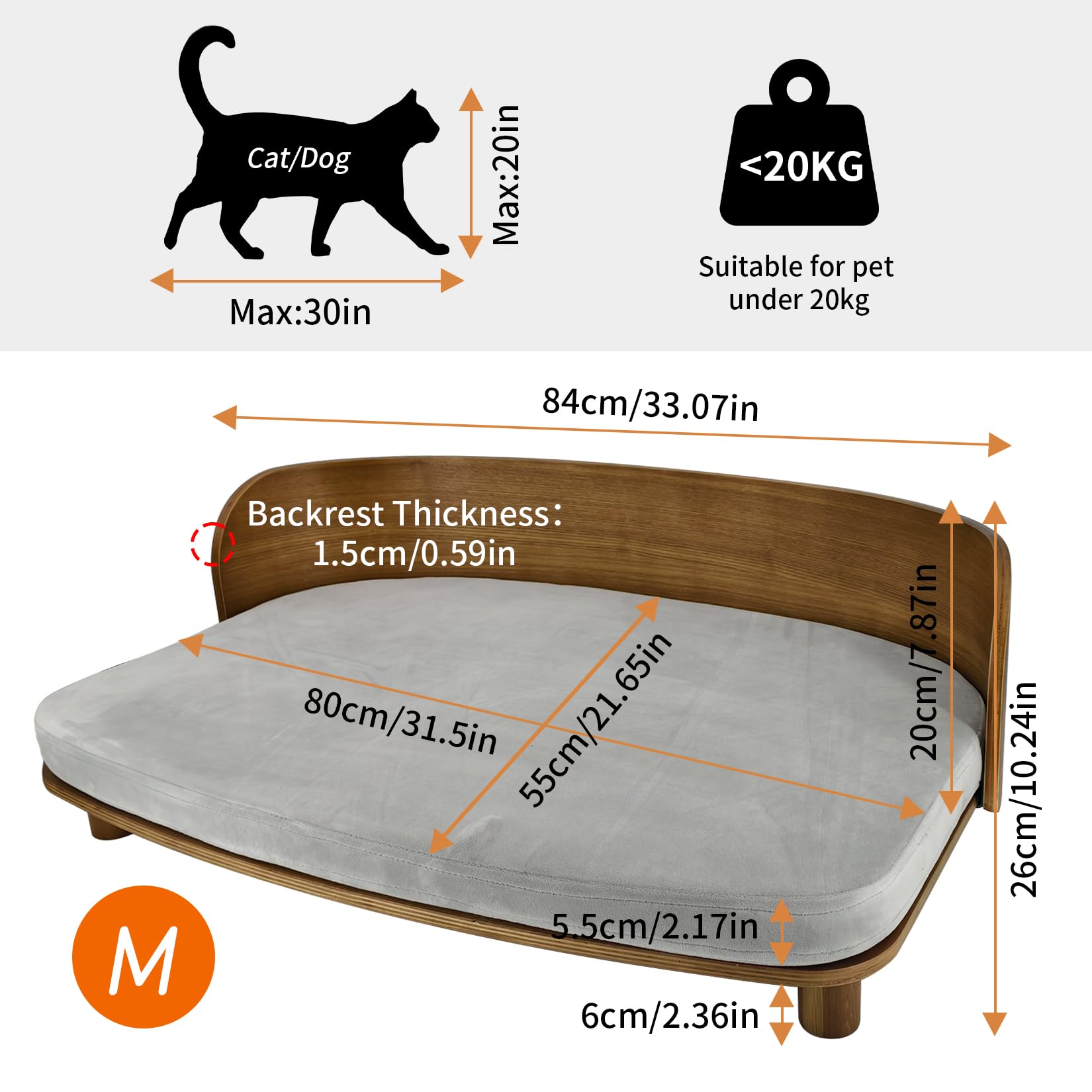BingoPaw BinoPaw Elegantes Hundesofa mit Holzrahmen, Erhöhtes Haustierbett Katzensofa für Hunde und große Katzen bis 20 kg, 83x57 cm