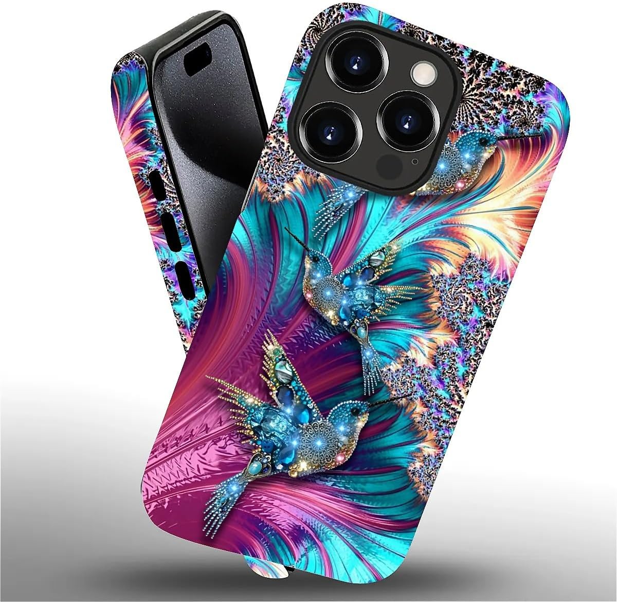 for iPhone 15 Pro Max Case with 2-in-1 Glossy All Inclusive Anti Fall Doublelayer Protection Soft TPU+PC Back Pattern Case Compatible with iPhone 15 Pro Max 6.7inch for Women Diamond Bird - Image 4