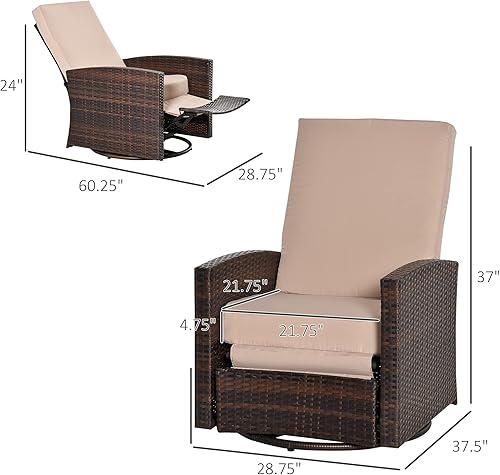 Miniatura 3 de Outsunny Silla reclinable giratoria de mimbre para exteriores, respaldo reclinable, reposapiés elevador, rotación de 360, cojines resistentes al