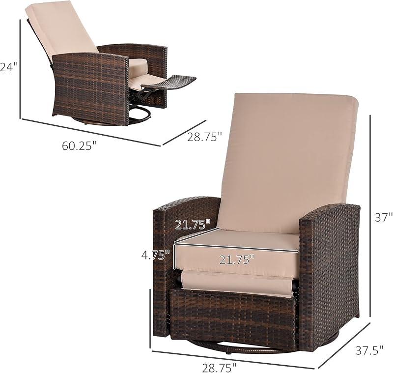 Outsunny Outdoor Wicker Swivel Recliner Chair, for Patio, Khaki image 3