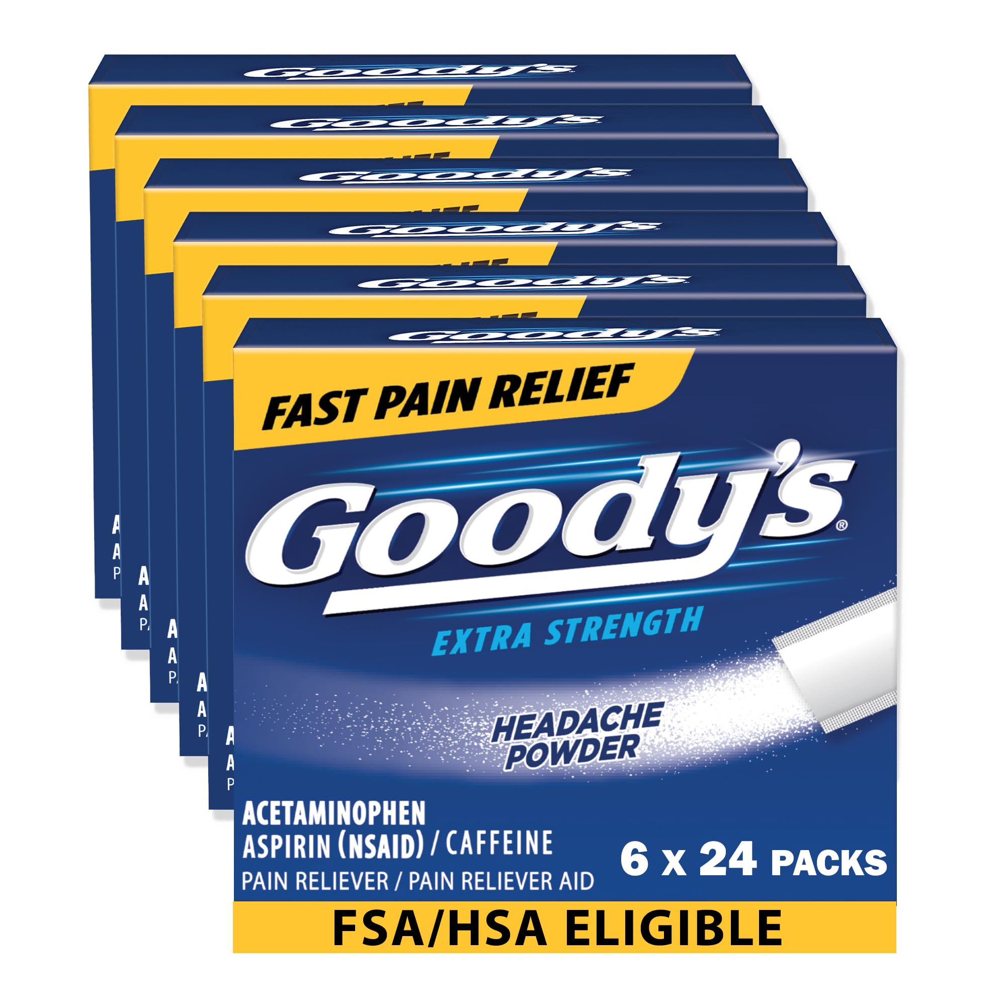 Goody’s Headache Powder Extra Strength Pain Relief, Triple Action Headache Relief with Aspirin, Acetaminophen & Caffeine, 24 Count, Pack of 6