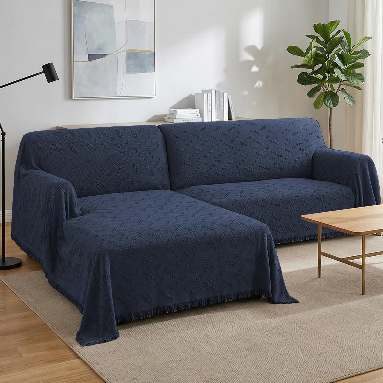 Turquoize Sectional Couch Covers L Shape with Geometrical Woven Jacquard in Navy