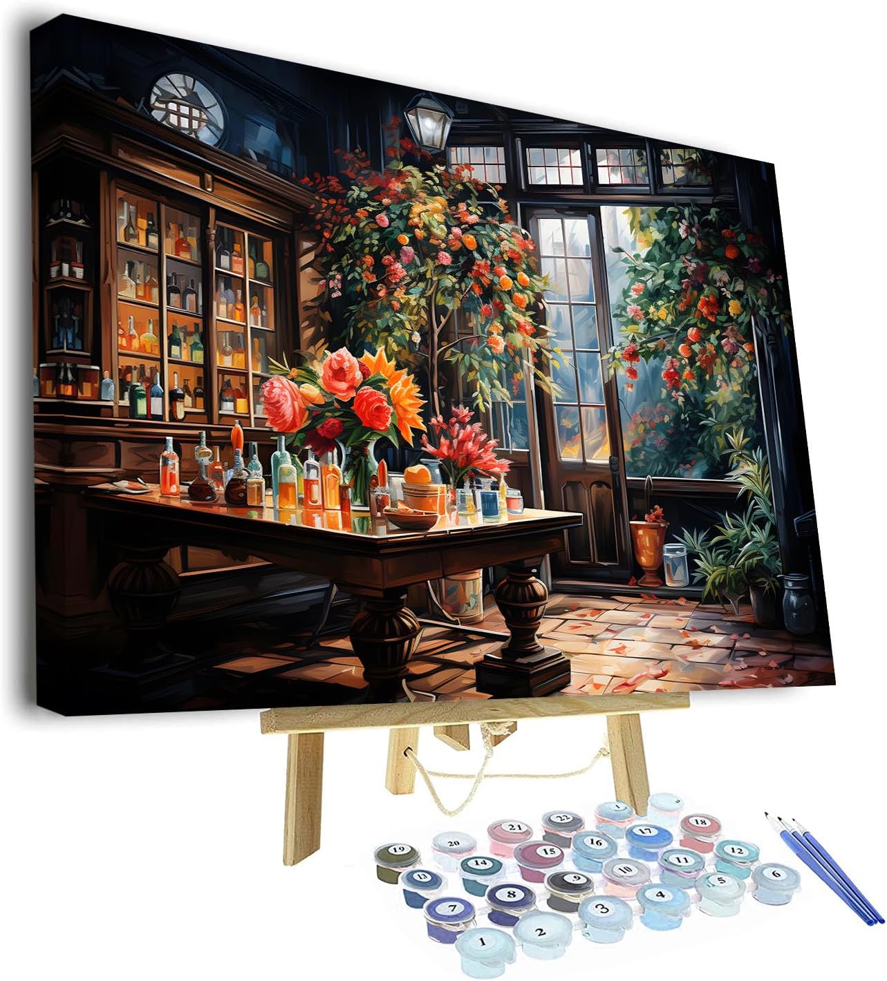 Paint by Numbers Kit for Adults, Adult Paint by Number Kits - Vintage Style Bar Interior with Blooming Flowers, Cozy Pub Scene Painting Canvas for Home Decor - 16x20 Inch(Framed)