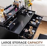 Vista 6 de COMHOMA Escritorio de tocador con espejo y luces, juego de mesa de tocador y silla con 4 cajones y estación de carga, cómoda de dormitorio
