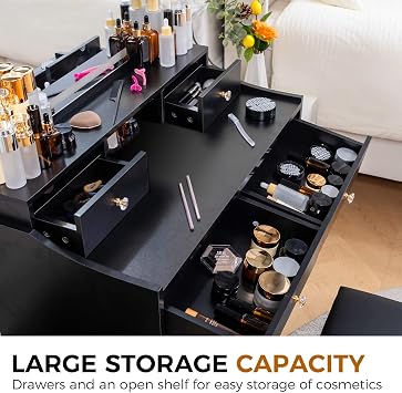 COMHOMA Vanity Desk with LED Lights Mirror & Power Outlet, Small Makeup Vanity Table Set with 5 Storage Drawers, 3 Lighting Modes & Adjustable Brightness, Dressing Table for Women Girls Bedroom, Black