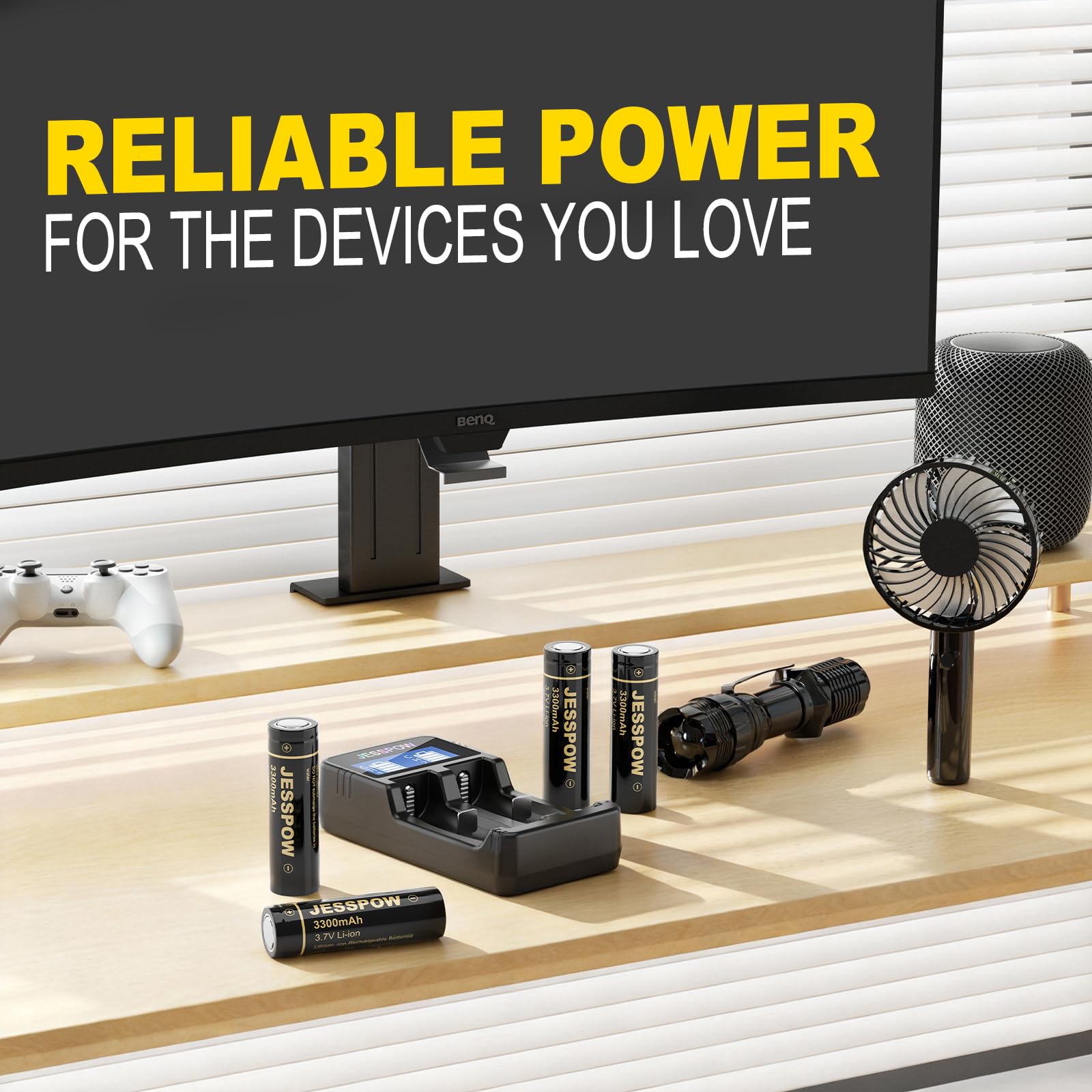 Piles Rechargeables 3.7V avec Chargeur，3300 mAh Batterie à Dessus Plat Haute Capacité pour Lampes de Poche, Lampe Fronta (Lot De 2, 18 x 65mm)