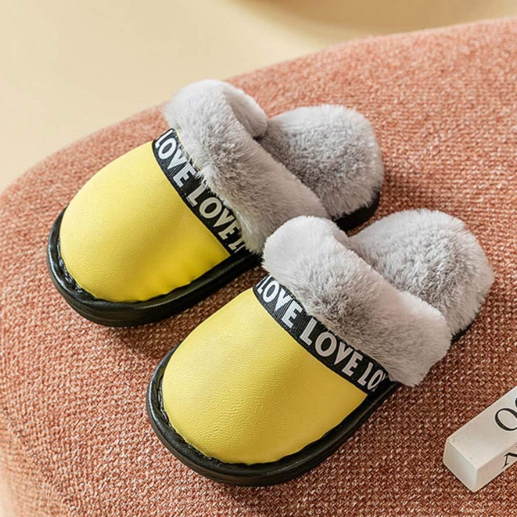 Parent-Child Indoor Fur Slippers Home Winter Leather Shoes Children Waterproof Boys Girls Home Slippers (Color : Yellow Size : #170) (Yellow #190)