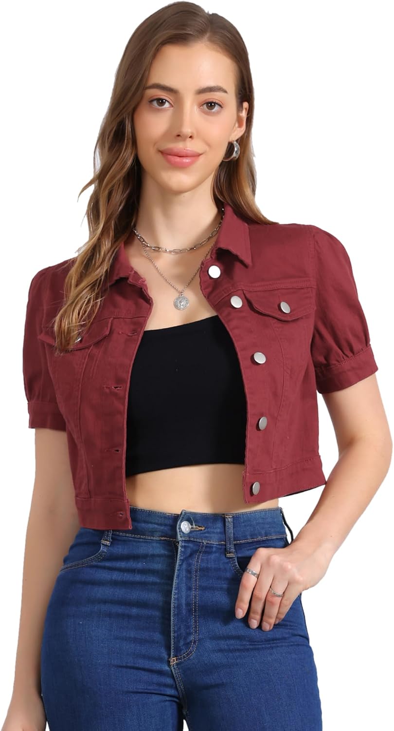 Allegra K Women's Casual Denim Jackets Button-Down Puff Sleeve Jean Crop Jacket
