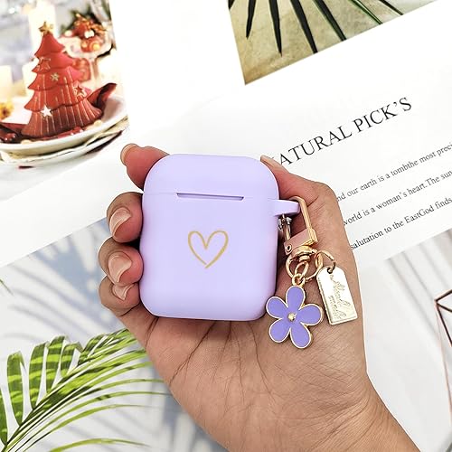 Miniatura 6 de Funda compatible con AirPods, funda de silicona suave con patrón de corazón dorado para AirPods de 2 y 1 generación con llavero colgante para niñas