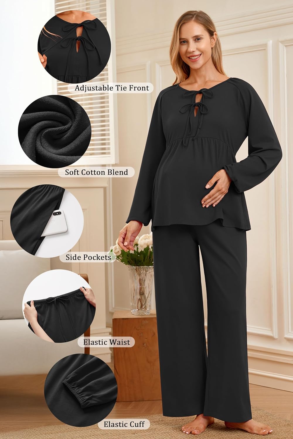 OUGES Womens Cotton Blend Maternity Pajama Sets Tie Front Loungewear Pregnancy Sleepwear Top & Long Pants with Pockets - Image 4