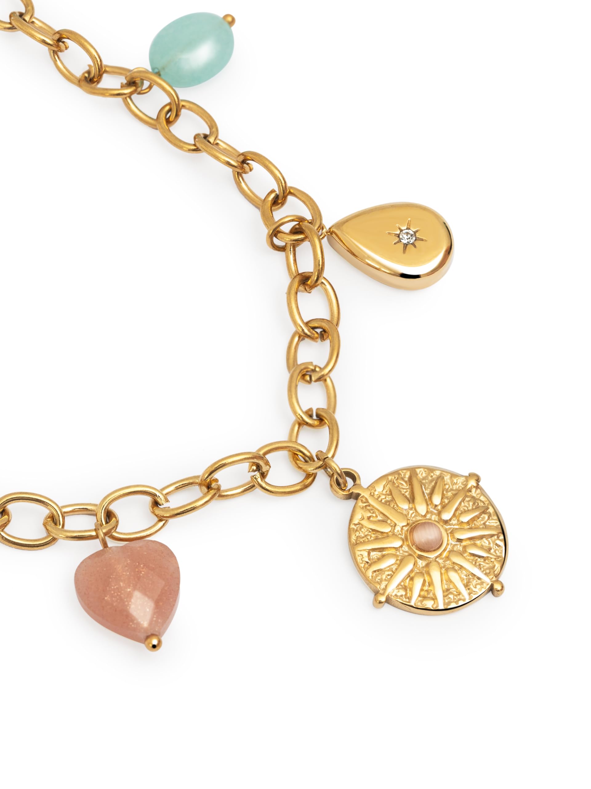 SINGULARU - Collar Multicharms Soleil. Acero con Acabado en Baño de Oro de 18kt. Cadena de Eslabones con Charms Colganes. Detalles en Piedras Naturales y Circonitas. Joyas para Mujer