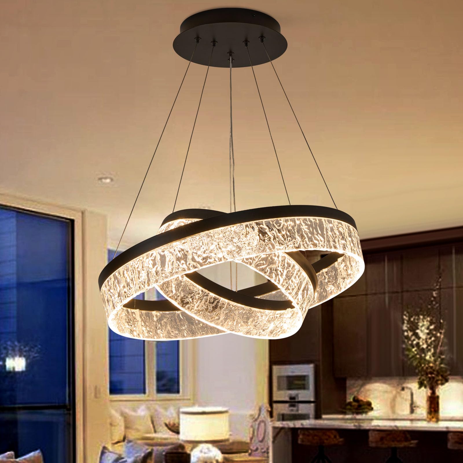 Modern LED Chandelier,21.7'' Dining Room Light Fixtures Over Table,2-Rings Black Chandeliers for Dining Room,3-Color Dimmable Pendant Lighting for Kitchen Island Living Room(3000K 4500K 6000K)