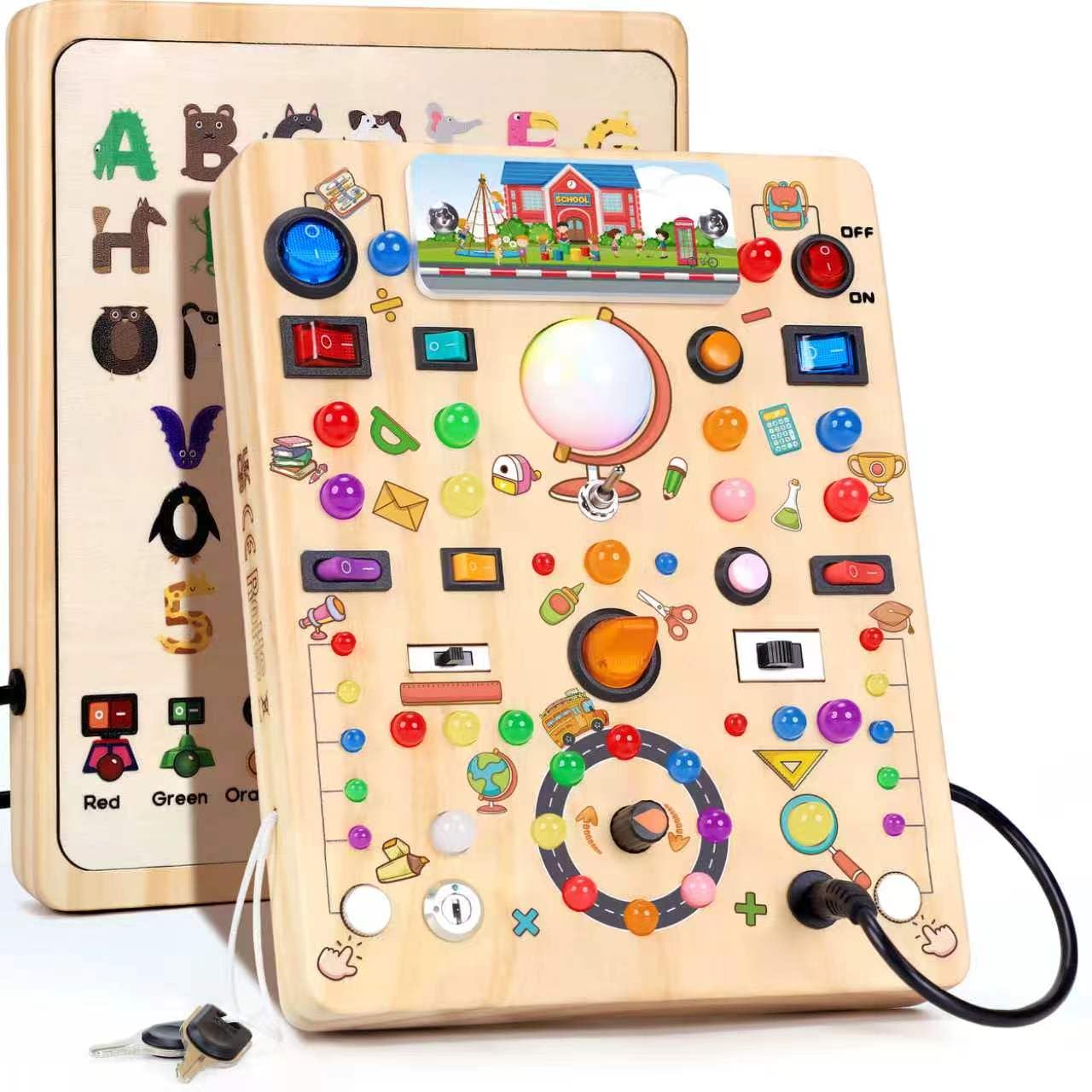 Busy Board with LED Light Switches, Montessori Toys for 1 2 3 Years Old, Toddlers Wooden Toy Sensory Activity Board, Travel Toys for 1+ Year Old Boy &amp; Girl Birthday Gift (School 19 Switches)