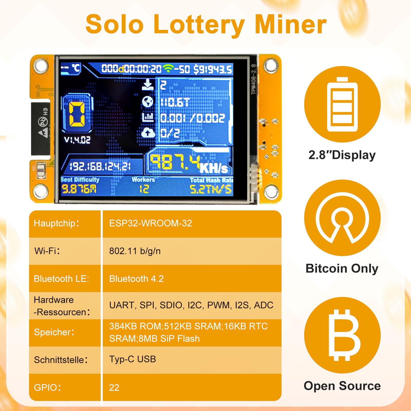 V2 Mining Bitcoin mit Blau Gehäuse, BTC Miner mit 2.8" TFT ESP32 Display,Hashrate 980KH/s BTC Solo Lottery Bitcoin-Miner Crypto Lottery-Miner