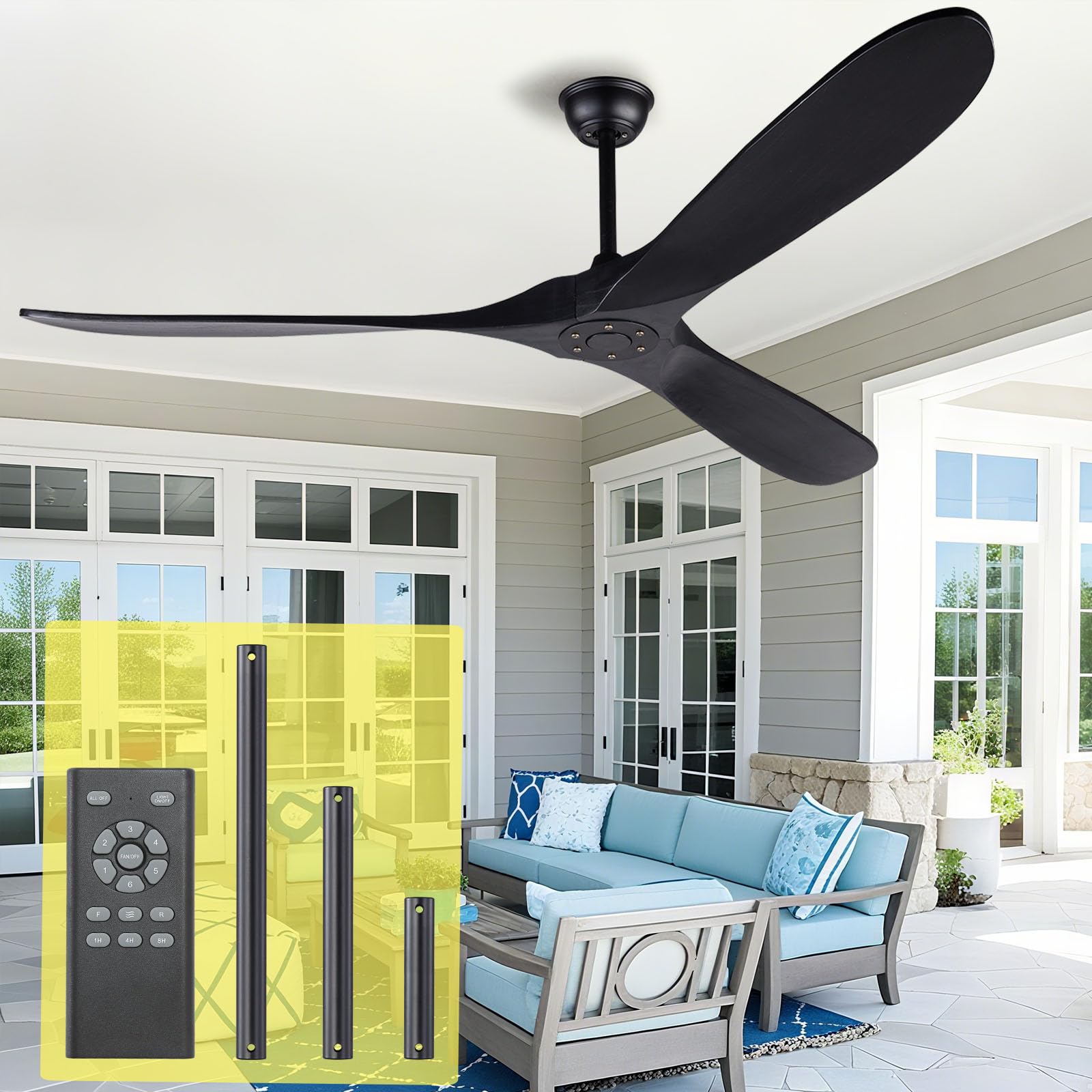 EOPETY 72 Inch Black Ceiling Fan No Light ，Wood Outdoor