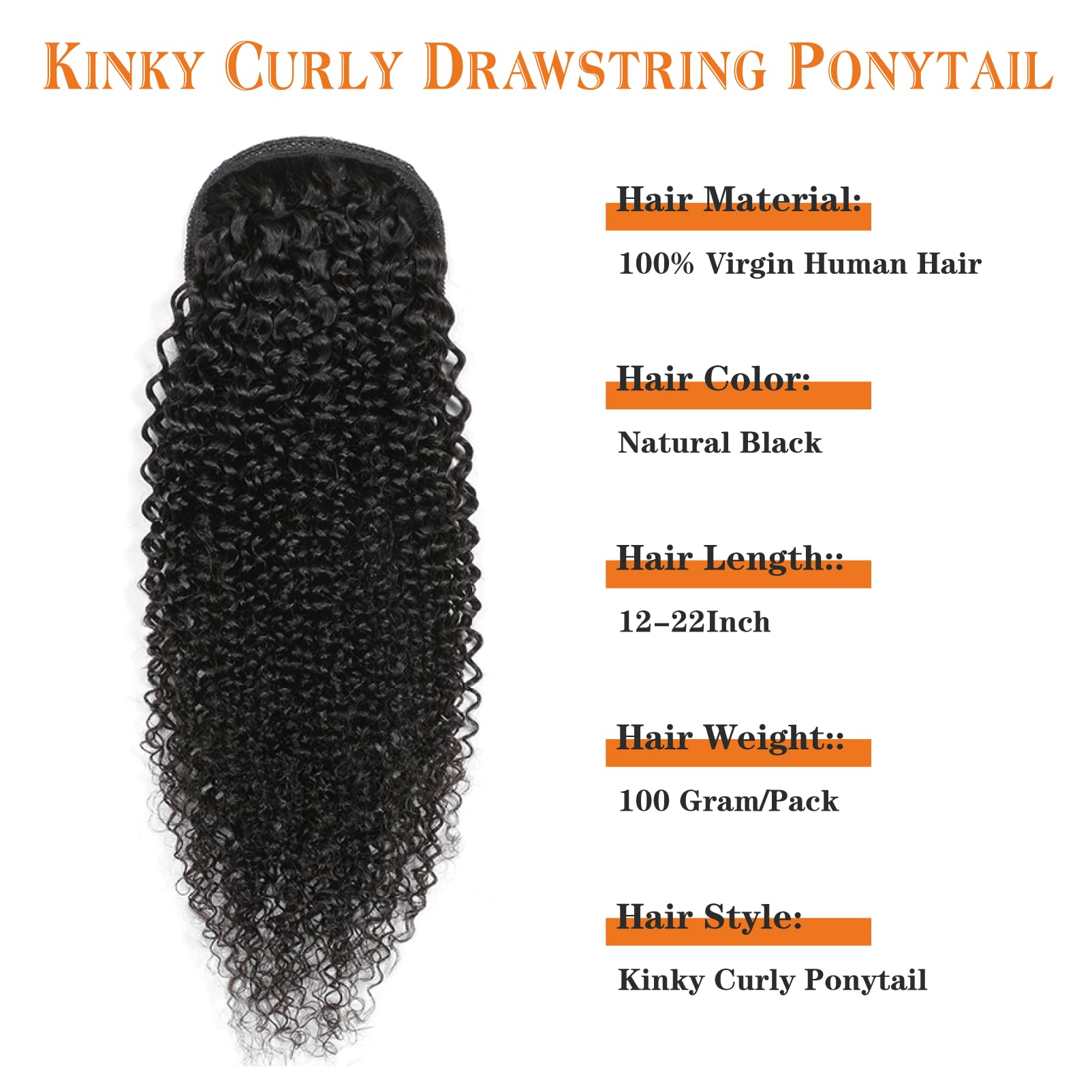 Yacurcur Kinky Curly Ponytail 10A Brazilian Virgin Human Hair for Women 4C Curly Ponytail Extension Drawstring Ponytail Natural Black 20 Inch - Image 2
