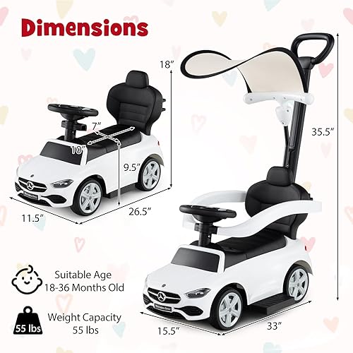 Miniatura 9 de HONEY JOY Auto de empuje Mercedes-Benz con licencia para niños pequeños, toldo ajustable y almacenamiento de asiento, bocina, auto de empuje para