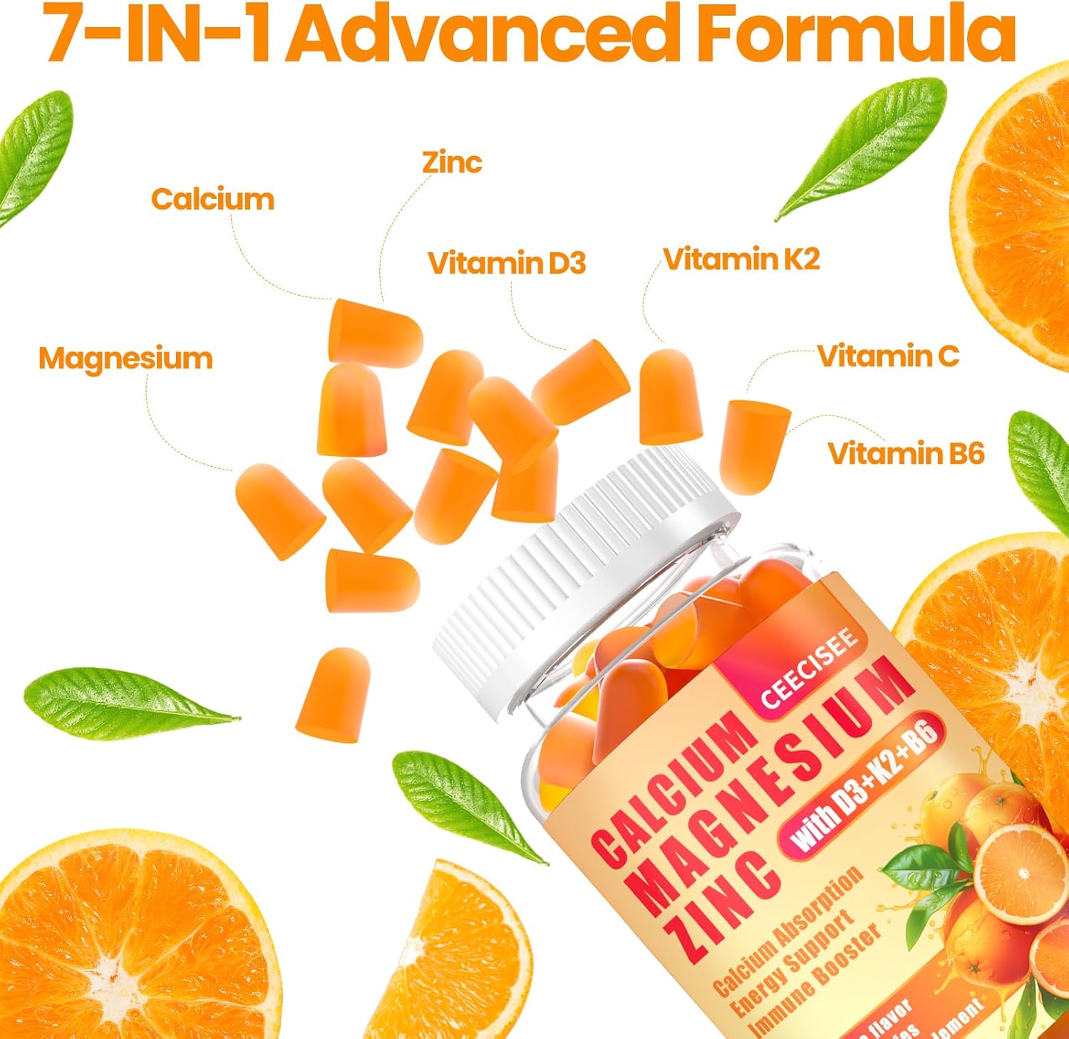 Calcium Magnesium Zinc Gummies with D3 &B6 &K2,1000mg Calcium Gummies with 300mg Magnesium Support Immune Energy for Adults and Teens,Sugar Free(120Count)