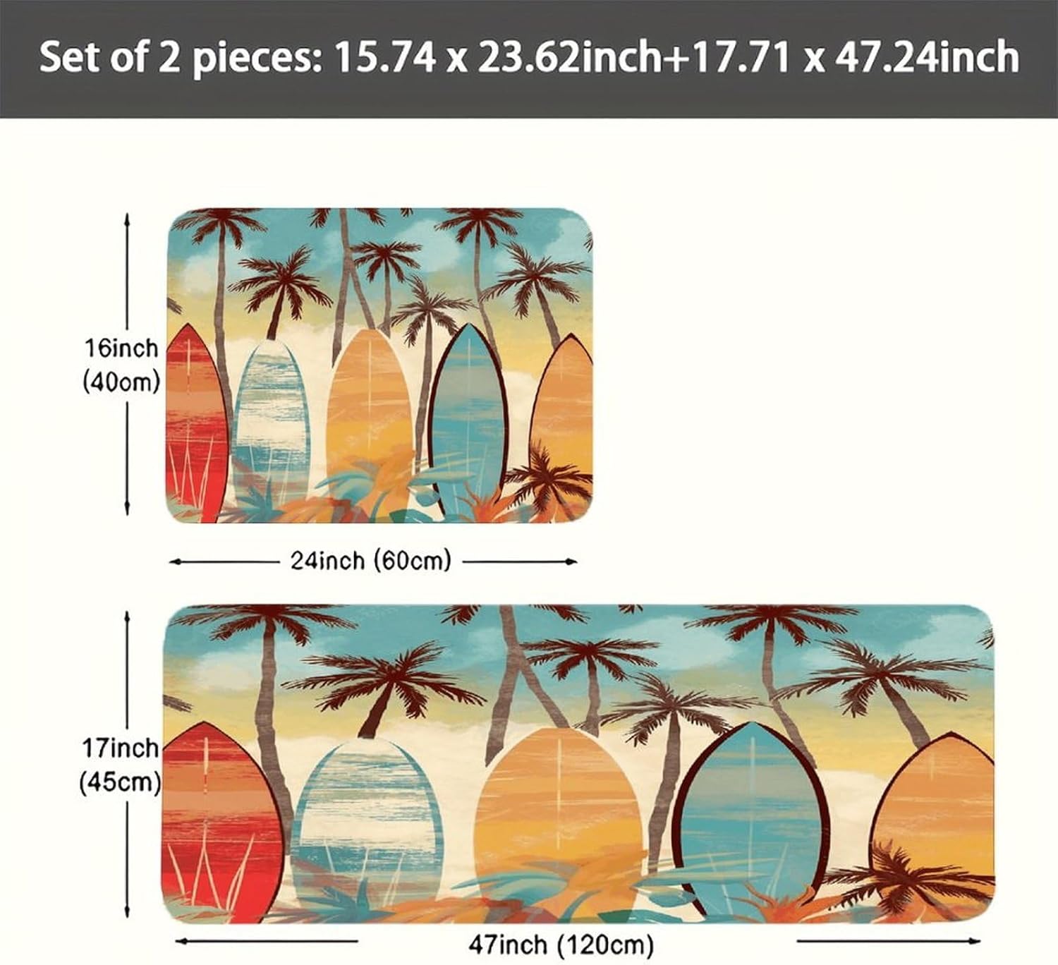 Surfboard Palm Tree Kitchen Mat Washable Non Slip Rugs Soft Kitchen Mats for Floor Set of 2 PCS Cushioned Absorbent Runner Standing Rugs for Home Sink Laundry Office