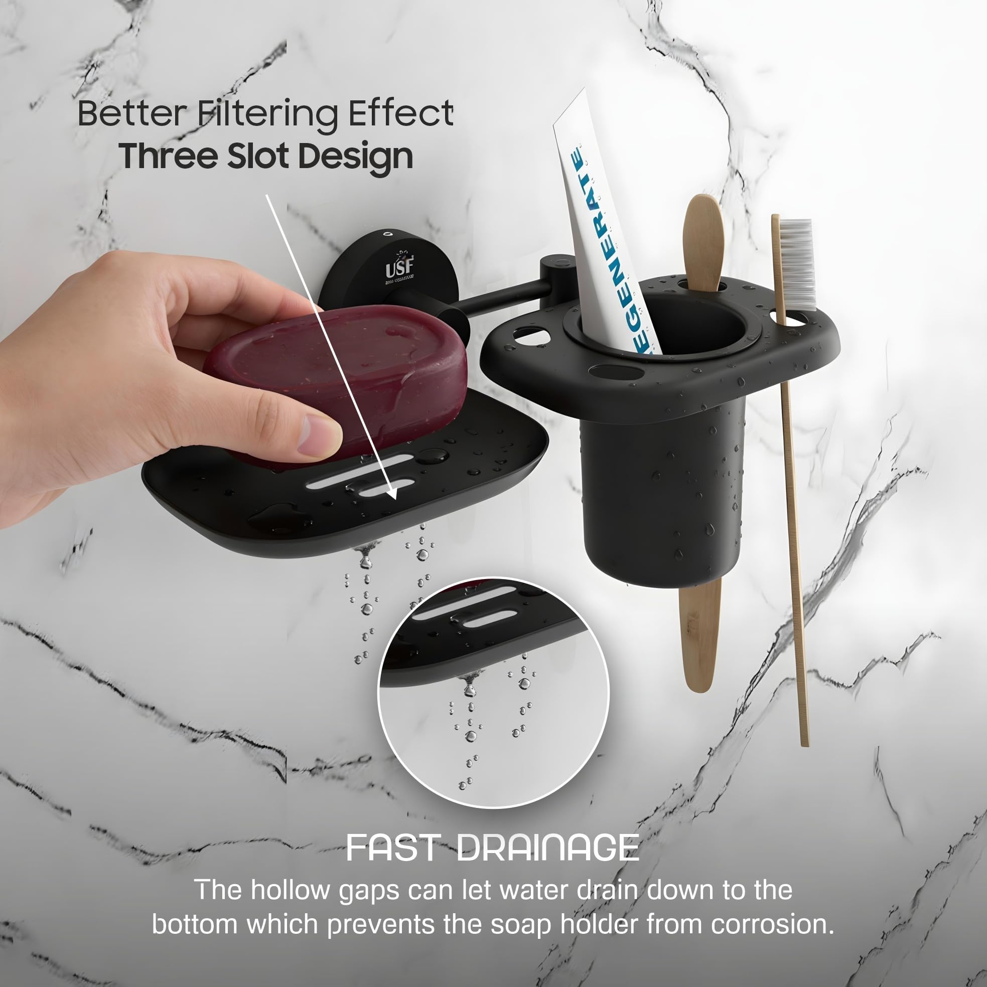 USF Bathroom Tumbler Holder with Toothbrush Stand, 304 Stainless Steel Wall Mounted Soap and Tumbler Holder for Bathroom Accessories, Black Finish, 25 Years Warranty, Pack of 1 β Puma 2