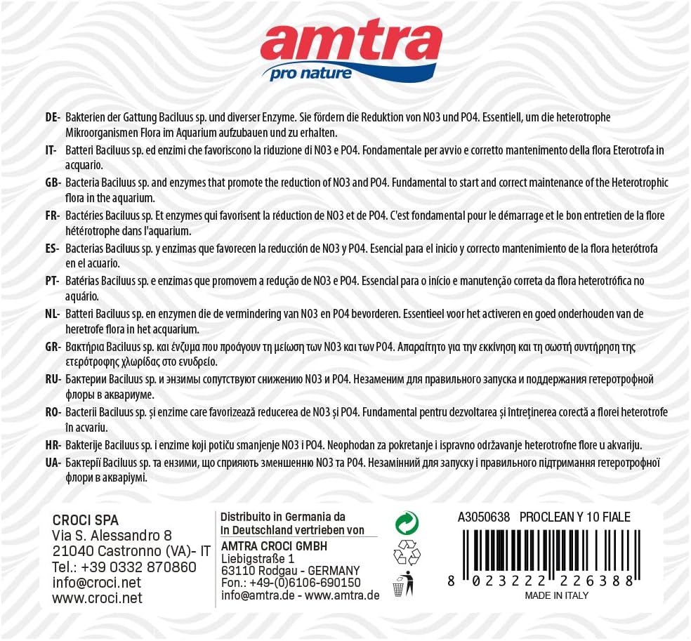 AMTRA PROCLEAN Y - biodegrader of organic pollutants in fresh and marine water aquariums, natural water purifier for aquariums. Format 10 vials x 5 ml