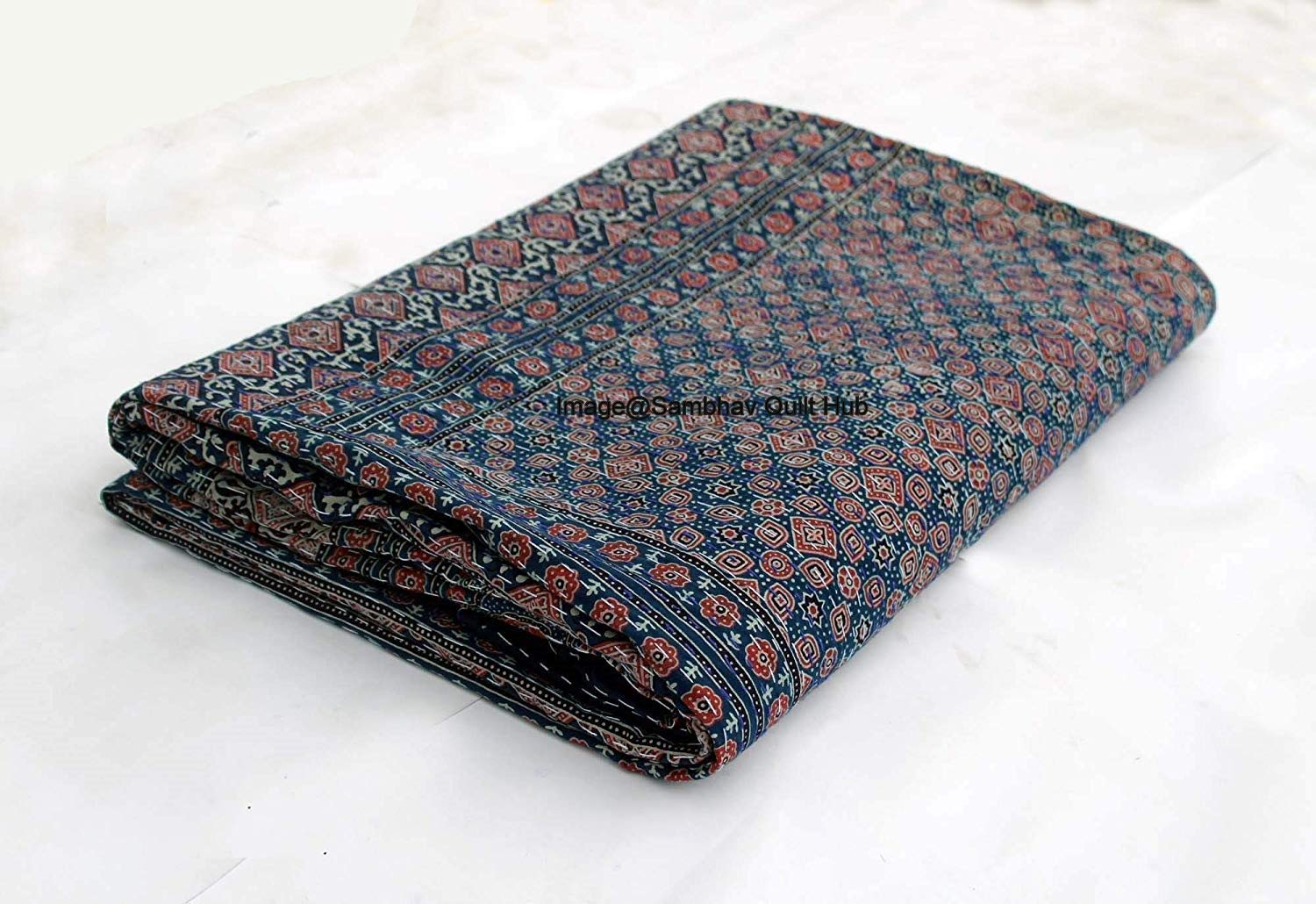 Copriletto Indiano Kantha Fatto A Mano | Reversibile In Cotone Con Stampa Floreale | Stile Bohémien Per Letto Doppio/Queen (Blocco 01)