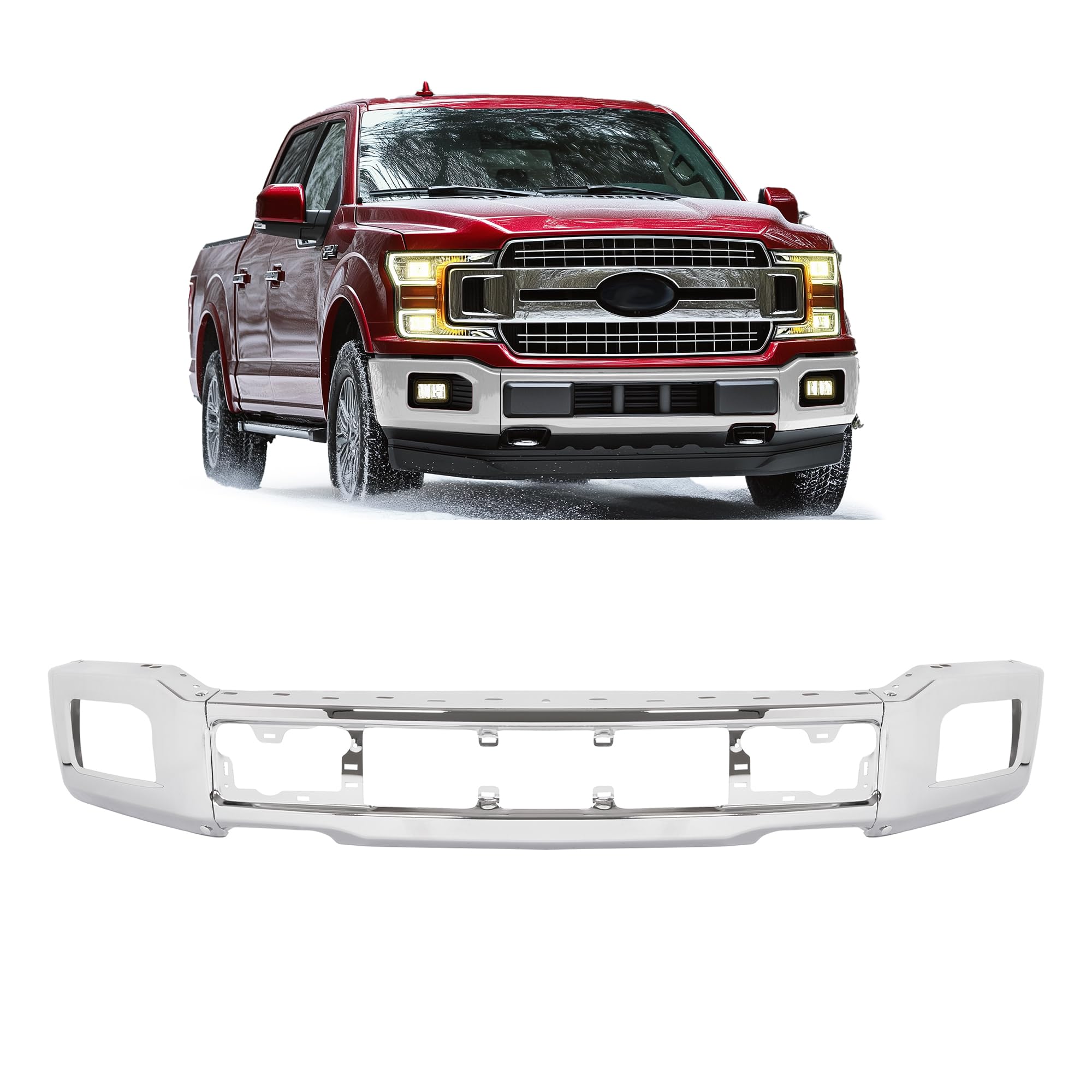KUAFU Front Bumper Face Bar for 2018-2020 Ford F-150: A Chrome Replacement Option with Fog Light Cutouts