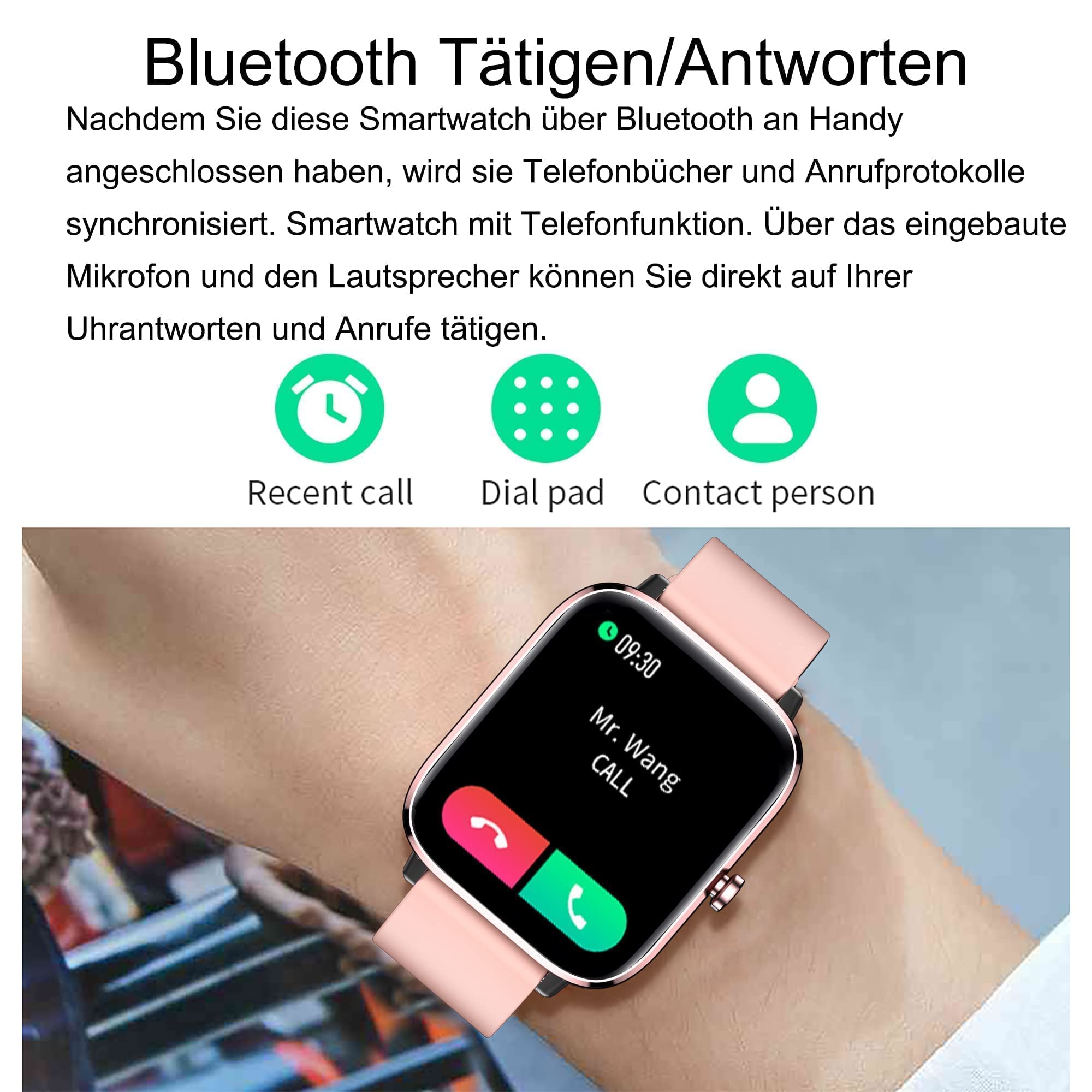 Fitnessuhr Damen Smartwatch mit Whatsapp Funktion Fitness Tracker Telefonieren mit Lautsprecher Blutdruckmessung Pulsuhr Schrittzähler ohne App und Handy Kalorienzähler Armband Rosegold Rosa