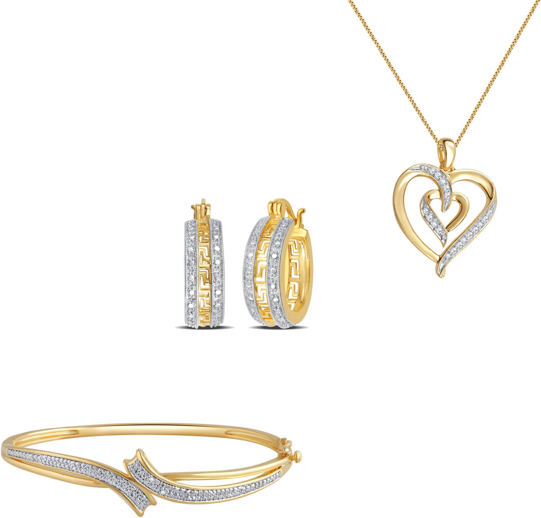 DiamondMuse, Classy Rhodium Plated Brass Diamond Accent 3 Piece of Two Pendant & Earrings (I-J, I2-I3) for Teen Girls Her Womens Fashion Jewelry Set