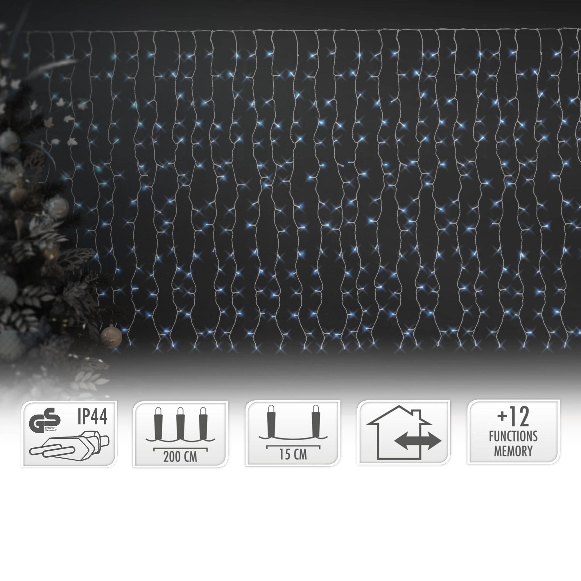ECD Germany Kurtyna świetlna LED, 2 x 1,5 m, 240 diod LED, zimna biel, 12 funkcji, Boże Narodzenie, sople lodu, łańcuch świetlny, kurtyna świetlna, zimny deszcz, zasłona bożonarodzeniowa, IP44