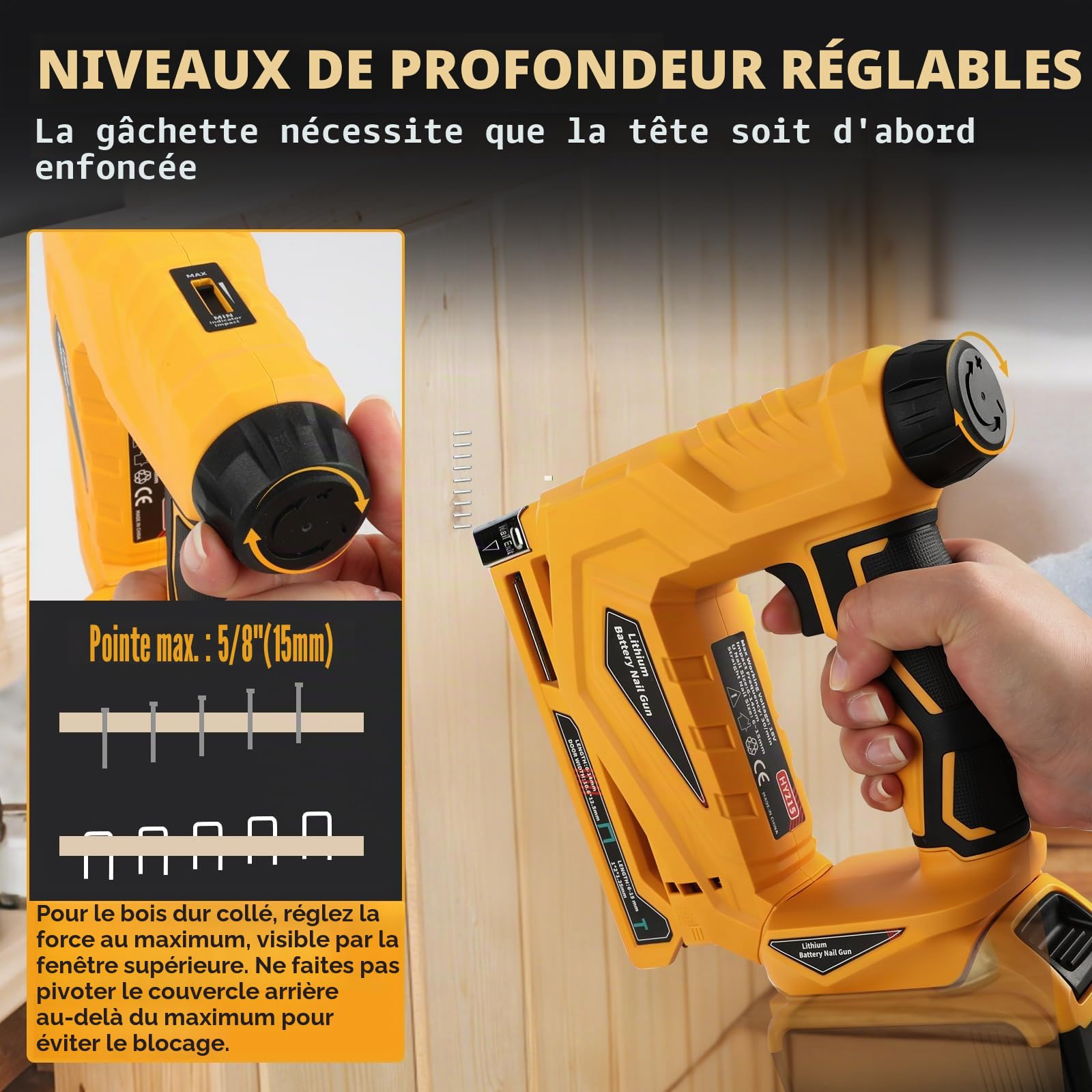 Cloueuse Brad sans fil compatible avec batteries DEWALT 18 V/20 V, agrafeuse électrique 2 en 1 avec bouton de réglage de la profondeur, 2 modes de tir et 2000 clous pour le travail du bois à la maison