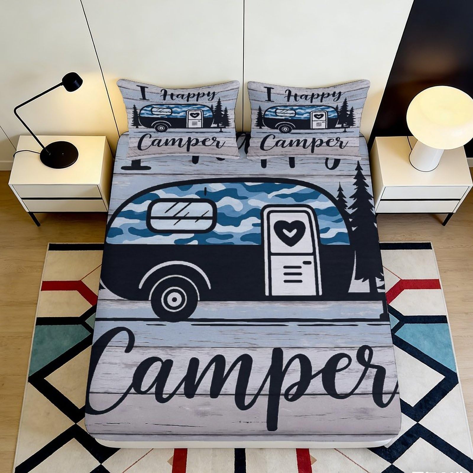 3D Printed Camper Blue Camo Fitted Sheet Microfiber Soft Durable I Happy Camper Bed Cover for Bedroom Dormitory Guest Room Mattress Protection 180x200x25cm