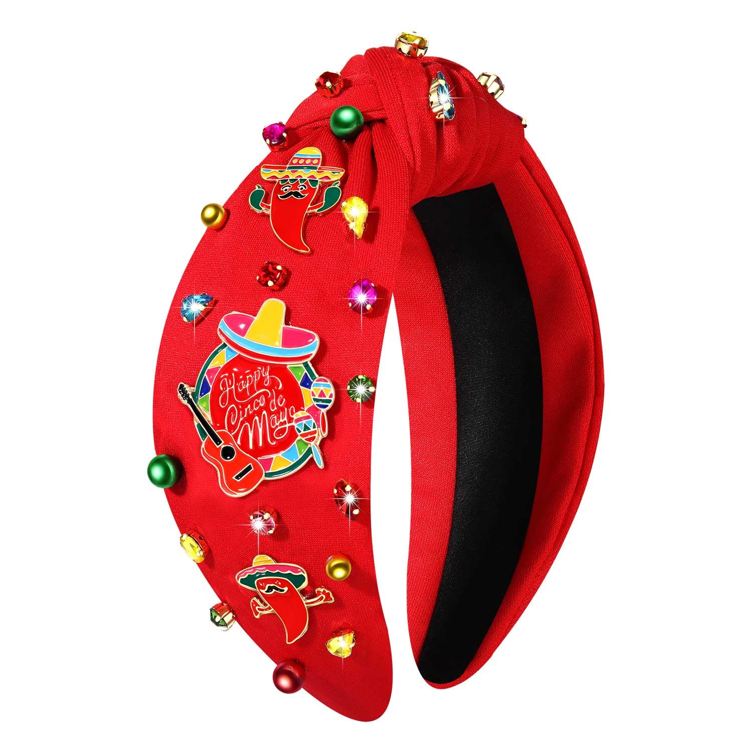 Mexican Headband for Women Cinco De Mayo Headband Beaded Fiesta Knotted Headbands Embellished Rhinestone Crystal Wide Top Knot Headbands Mexican