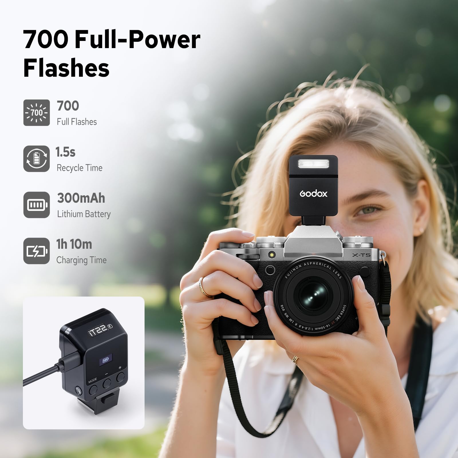 Godox iT22-F Mini TTL Camera Flash for Fujifilm, USB-C Rechargeable Portable Flash with 1.5s Recycling, 700 Full-Power Flashes, Black