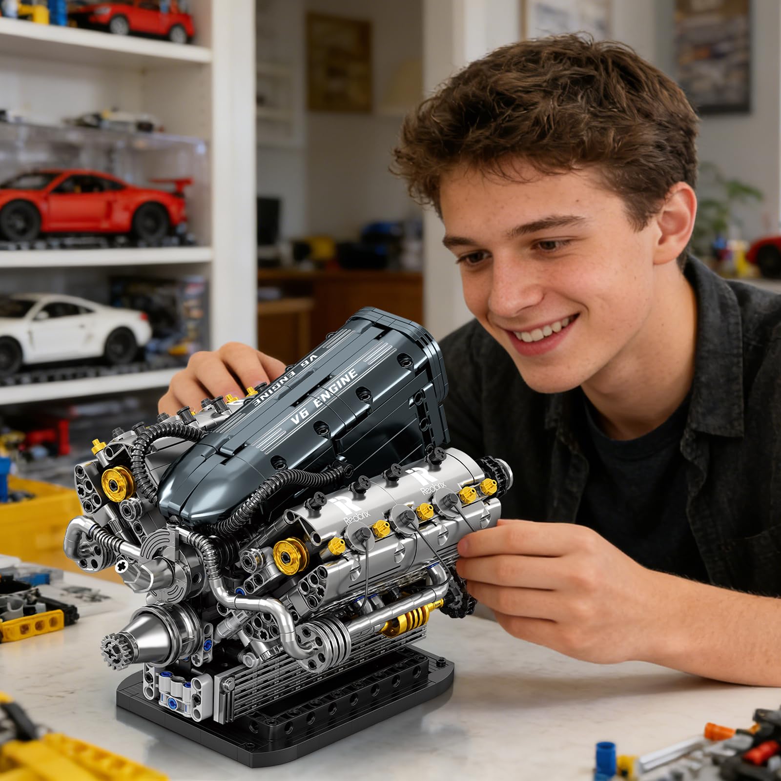 Reobrix Set de Bloques de Construcción Motor V6 para Adultos 33013, Juguete Mecánico de Construcción, Maqueta de Motor V6, Kit de Motor Técnico, Regalo para Adultos, Decoración Artística para Hogar