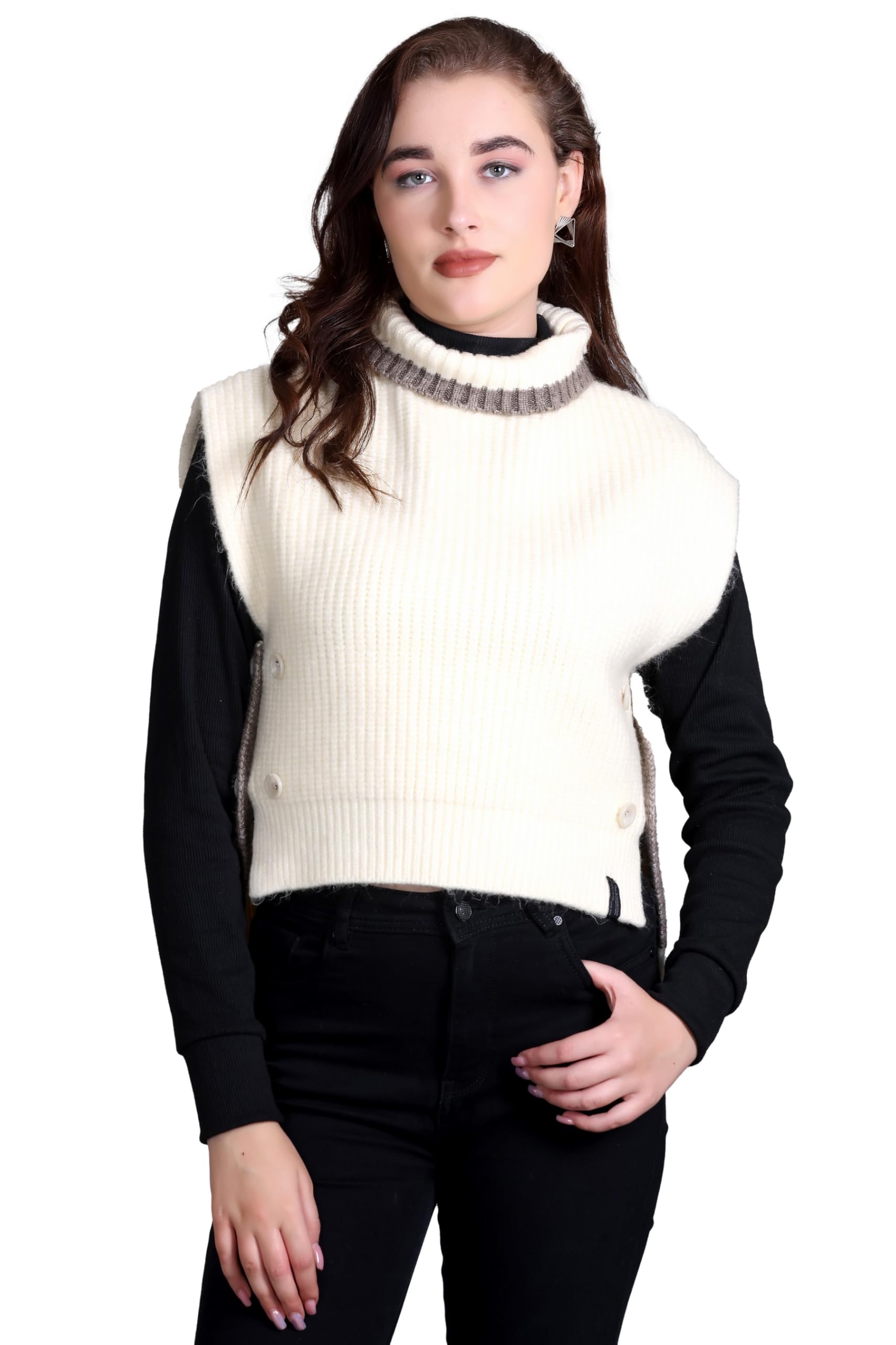 Girls Womens Acrylic Knitted Self Design Side Open High Neck Winter Wear Cardigan Poncho-image-35