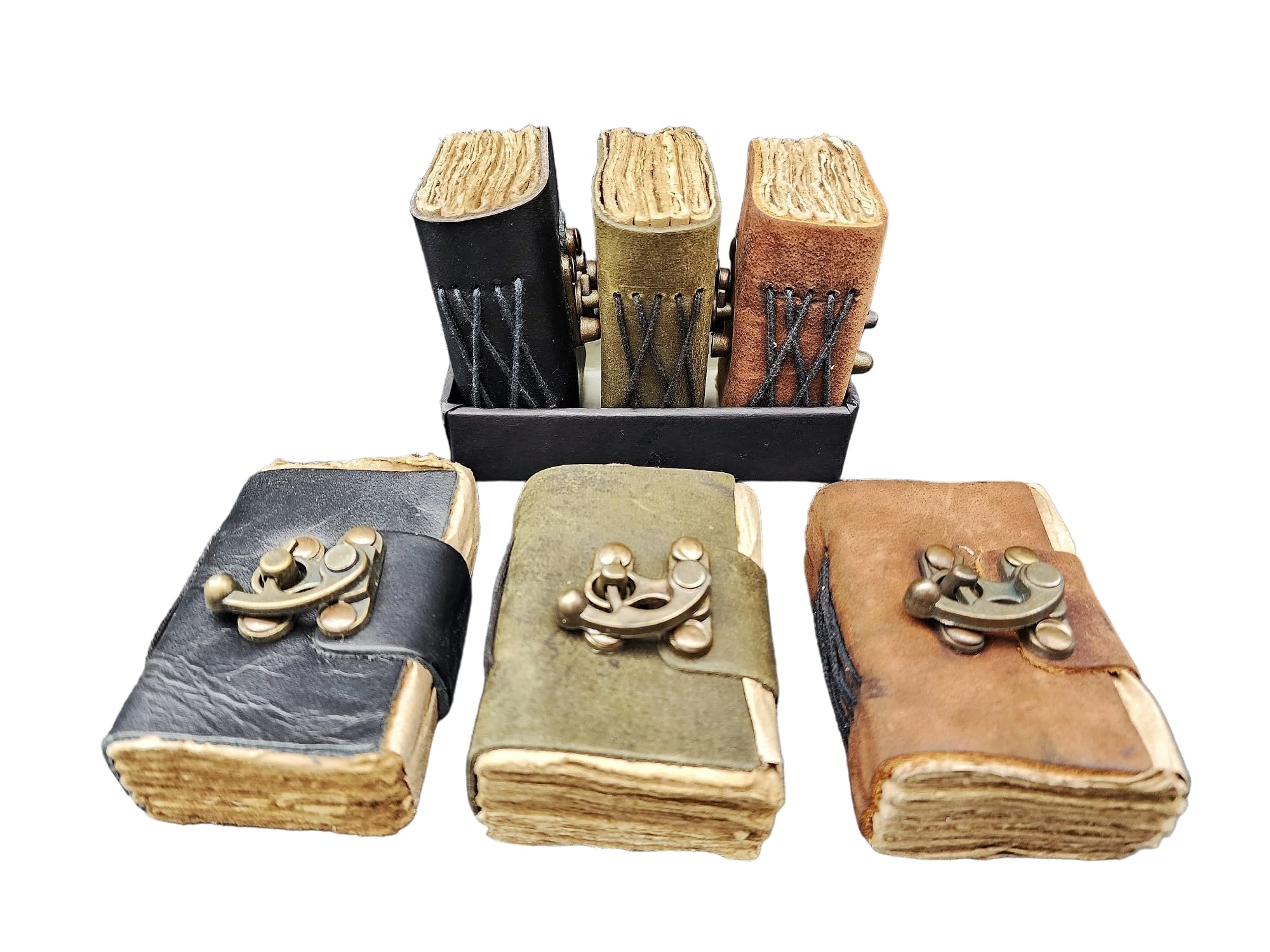 [Set of 3] Handmade Mini Leather Journals - Tiny Vintage Scrapbooks, Pocket Artist Sketchbook, small leatherbound Unlined Notebook journal, gift for artists, writers, and scrapbooking on the go gifts.