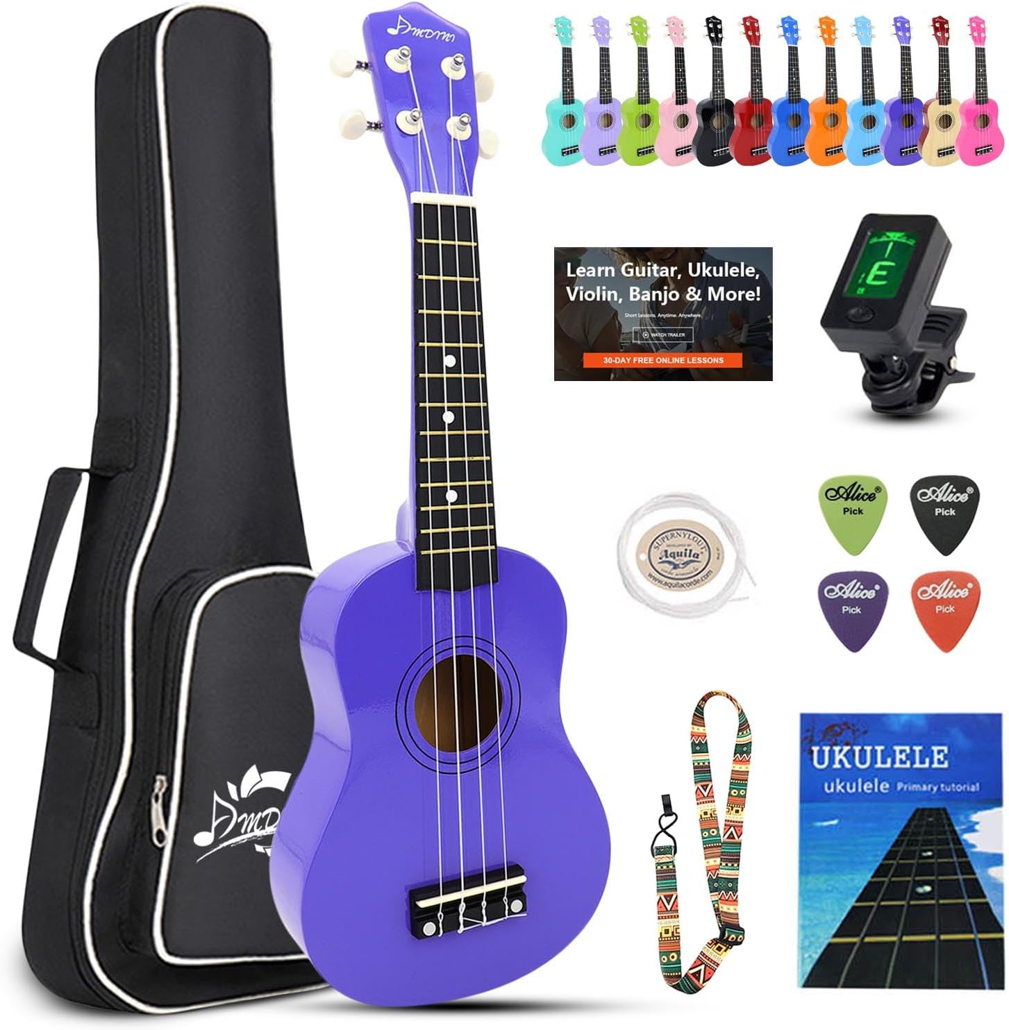 Ukulele for Beginners Hawaiian Wood Soprano Ukelele Starter Kit for Kids Adult Student Ukalelee Uke Bundle Pack with Free Lessons Gig Bag Tuner Strap Picks Nylon Strings (Deep Purple, 21 Inch)