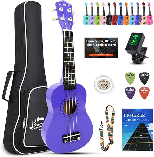 Ukulele pour les débutants Hawaiian Wood Soprano Ukelele Kit de démarrage pour enfants Adulte étudiant Ukalee Uke Bundle Pack avec des leçons gratuites Gig Bag Tuner Picks Strings Nylon (Dep Purple, 21 De pouce)