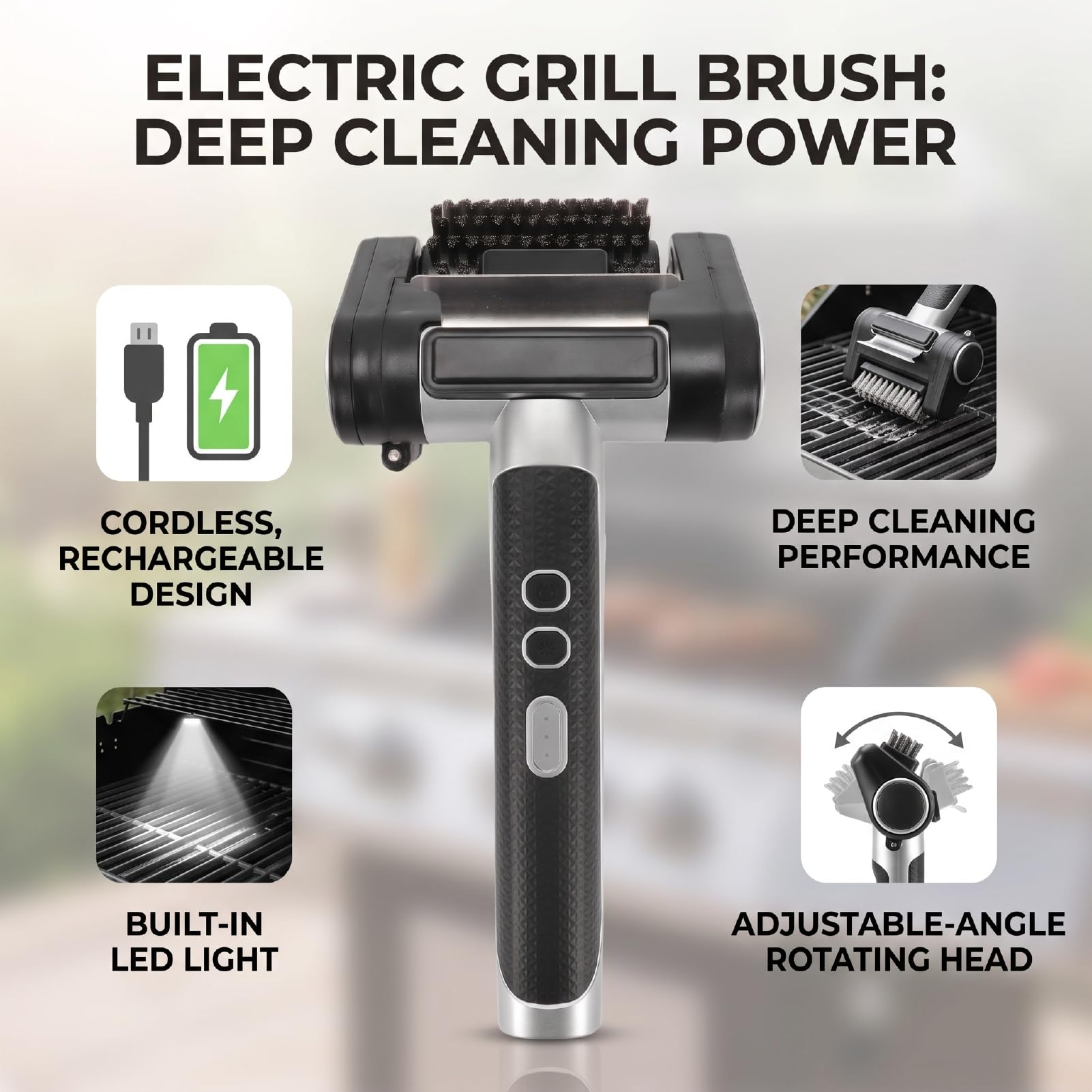 Cepillo Eléctrico para Parrilla, Limpiador Inalámbrico para | Estropajo de Alambre de Acero Inoxidable, Batería 4000 MAh, Plegable