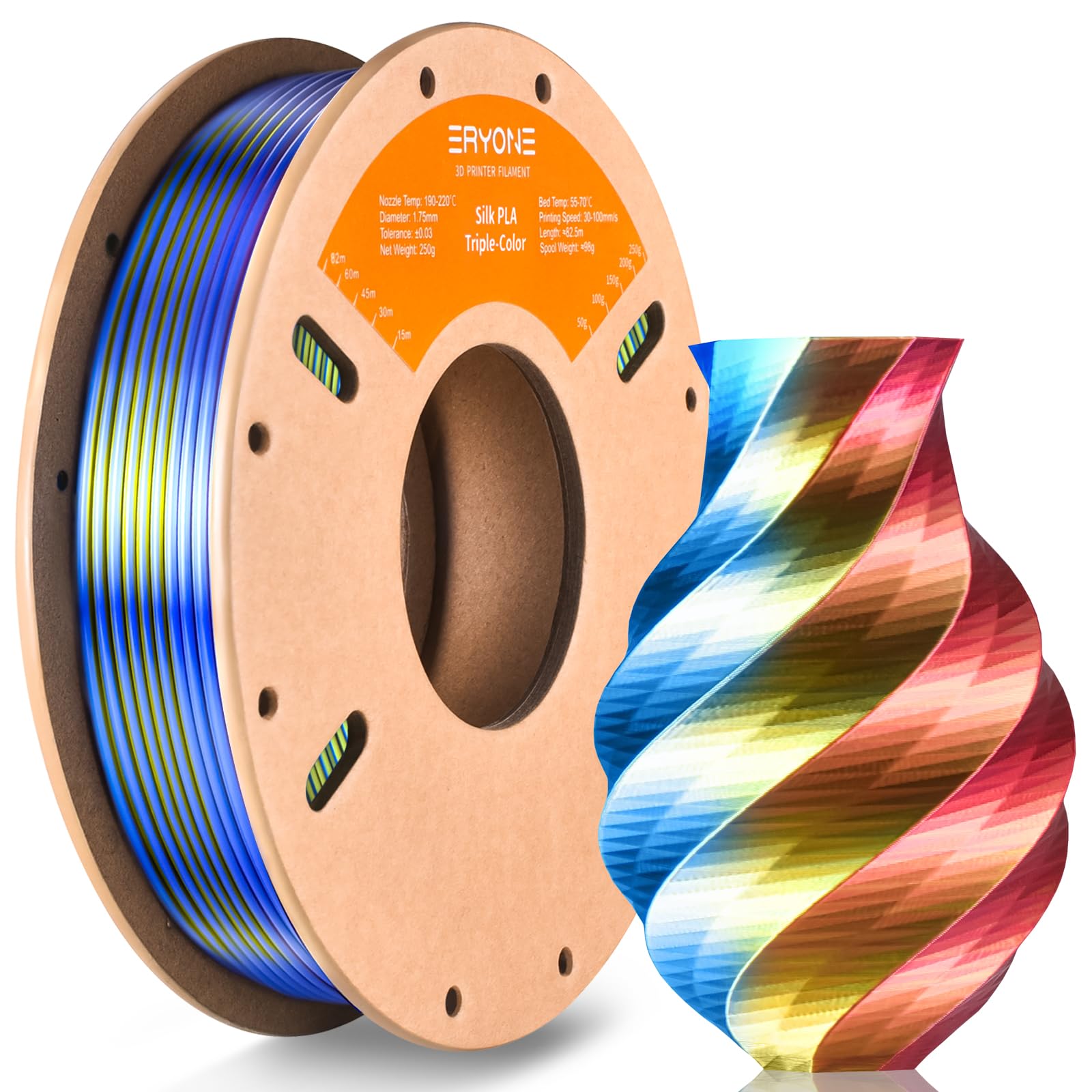 ERYONE Silk Tri-Color Coextrusion PLA Filament,3D Printer 1.75mm,+/-0.03mm, Triple Color Filament 250g, Silk Red,Yellow and Blue-image-36