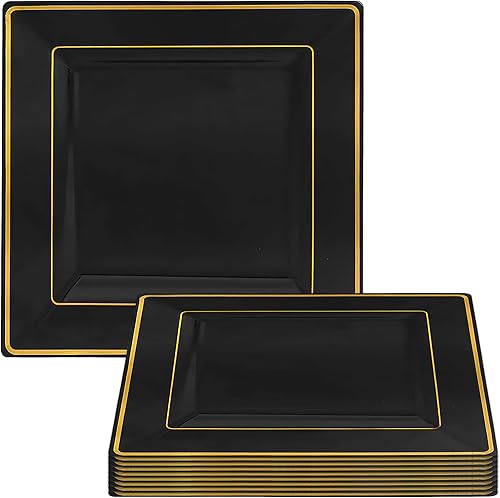 Miniatura 3 de Kaya Platos llanos cuadrados de 9.5 pulgadas  Blanco con borde dorado  Paquete de 10