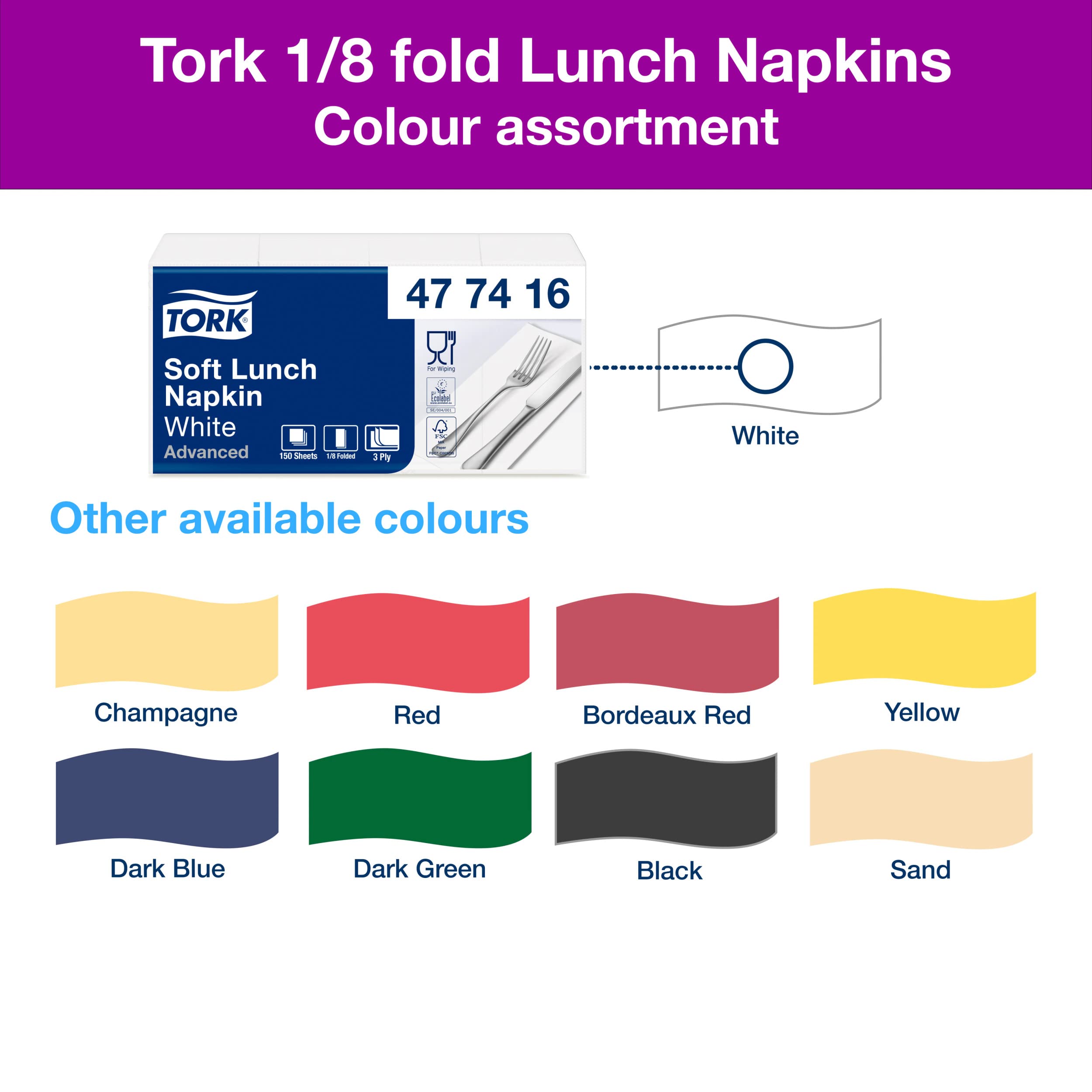 Tork 477416 Soft Lunch/Servilletas para almuerzo de tres capas/plegado americano 1/8 / color blanco / 10 paquetes x 150 unidades (1500 servilletas) / 33 x 32,6 cm/Advanced