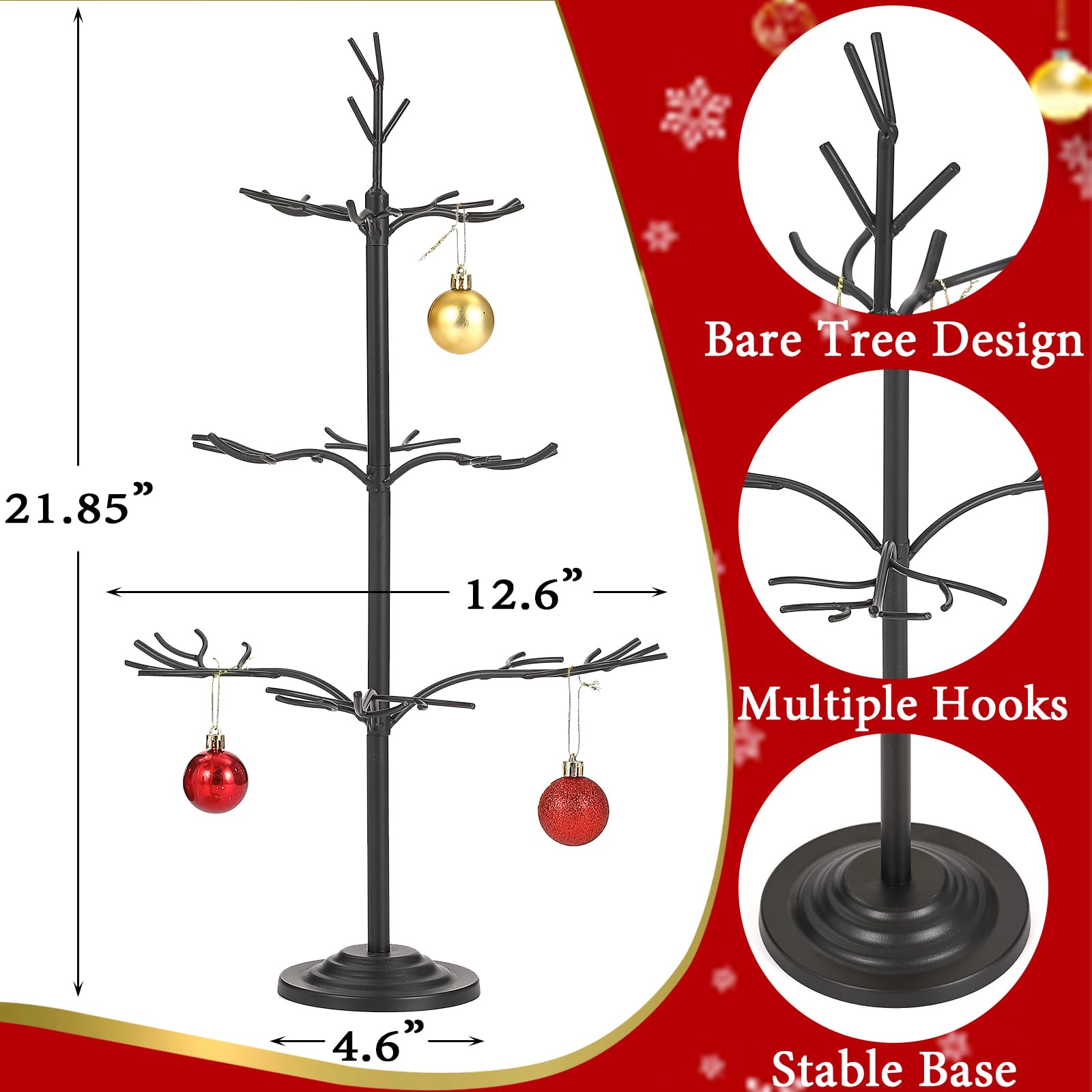 Metall-Ornament-Baum, schwarzer Weihnachtsschmuck-Ständer für Display, 55,9 cm, blanker Baum, Silhouette, Ornamente, Aufhänger, Ständer, 3-stöckige Drahtausstellungen, Bäume für