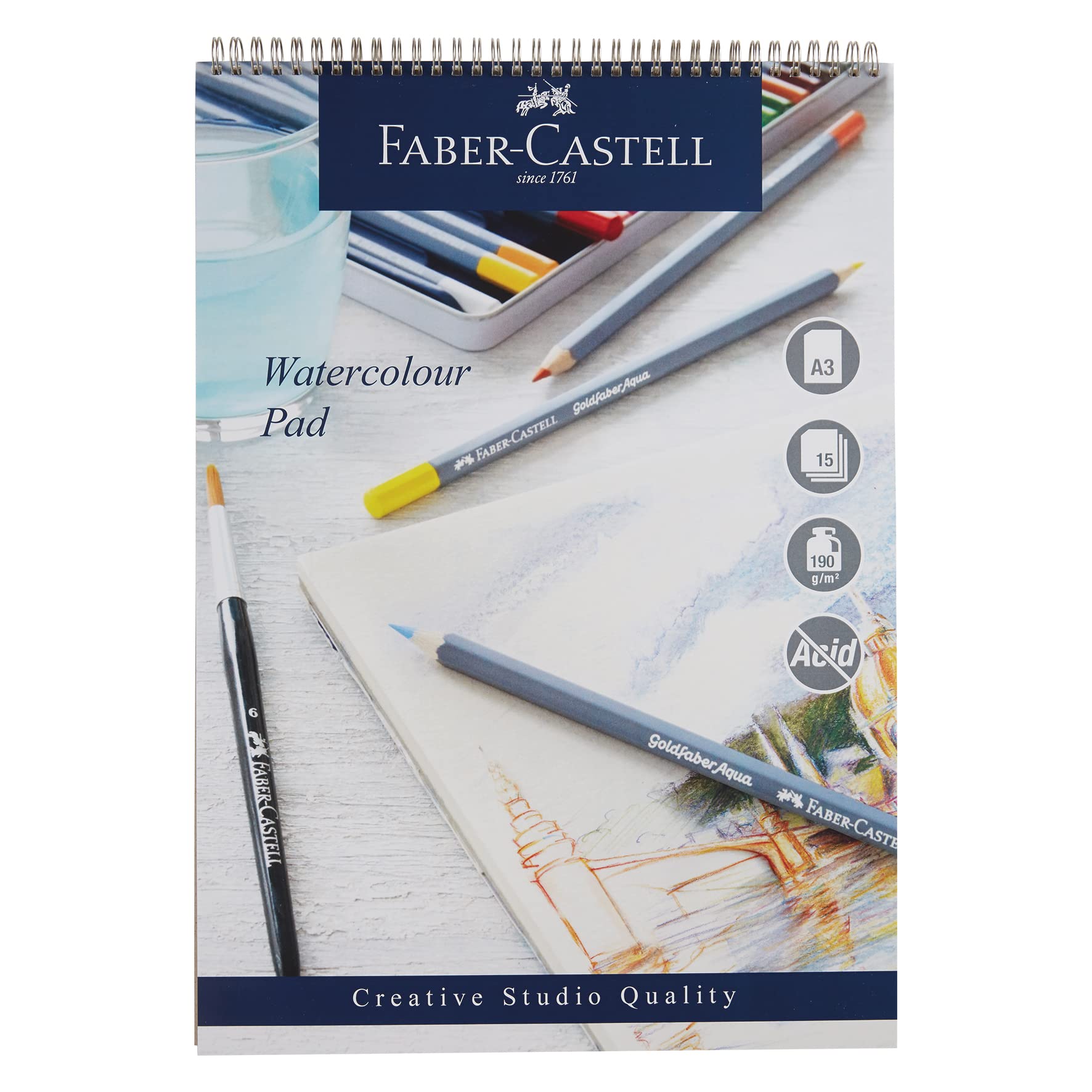 Faber-Castell Creative Studio Watercolour Pad, A3, Acid Free Spiral Bound Paper, 190 GSM, 15 Sheets For Watercolour Paint, Pencils And Markers, Arts, Craft, Home And School